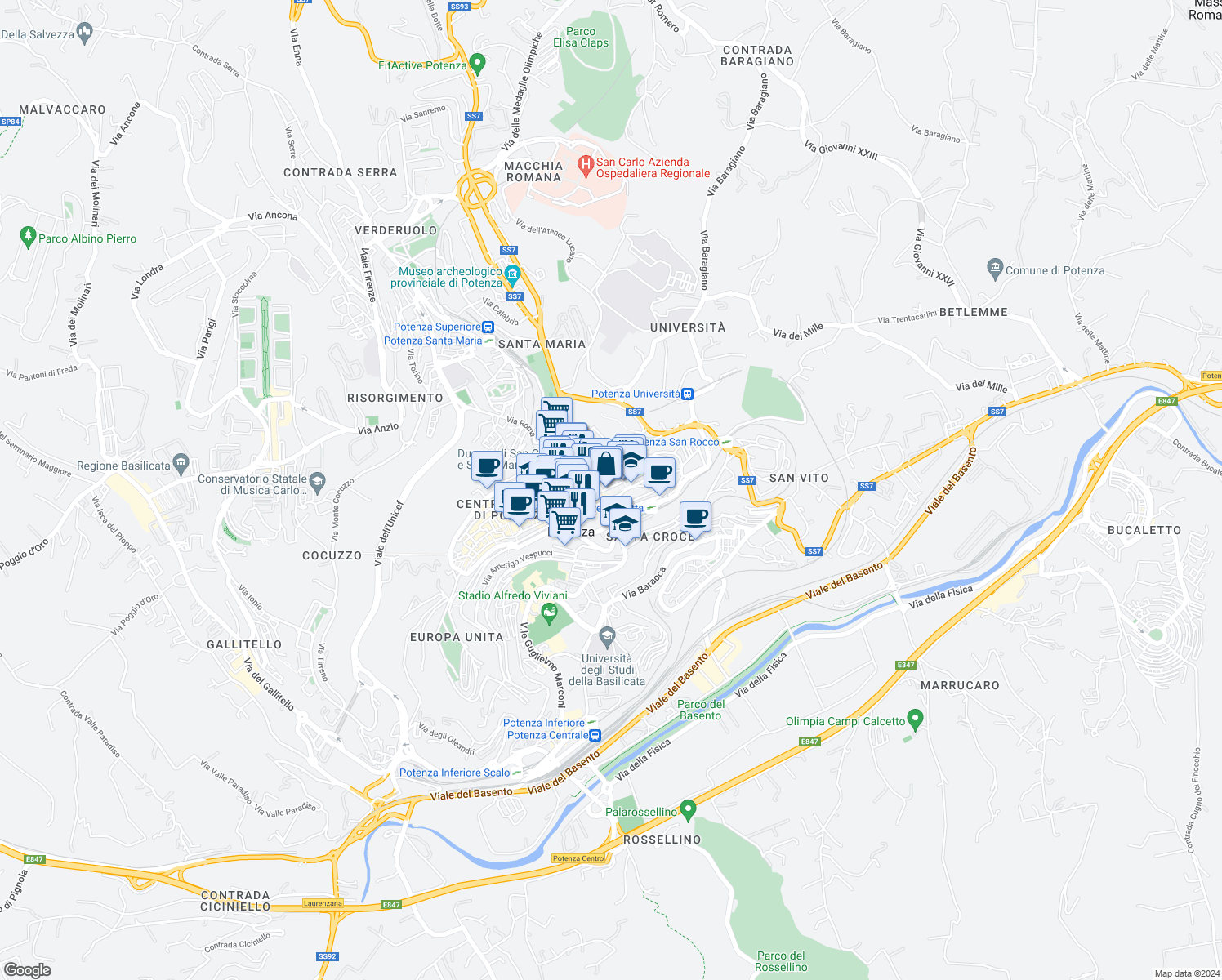 map of restaurants, bars, coffee shops, grocery stores, and more near 300 Via Pretoria in Potenza