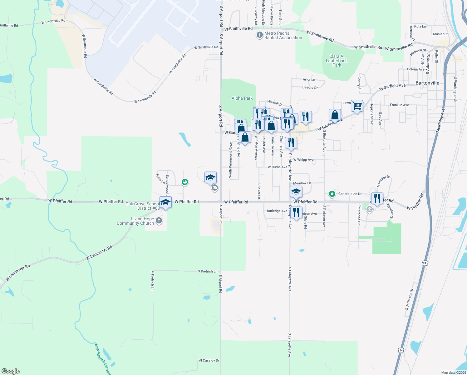 map of restaurants, bars, coffee shops, grocery stores, and more near 4122 S Paramount Rd in Bartonville