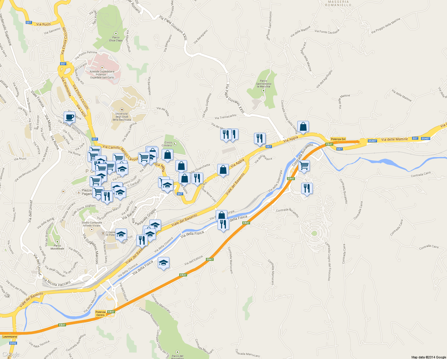 map of restaurants, bars, coffee shops, grocery stores, and more near Via Louis Braille in Potenza