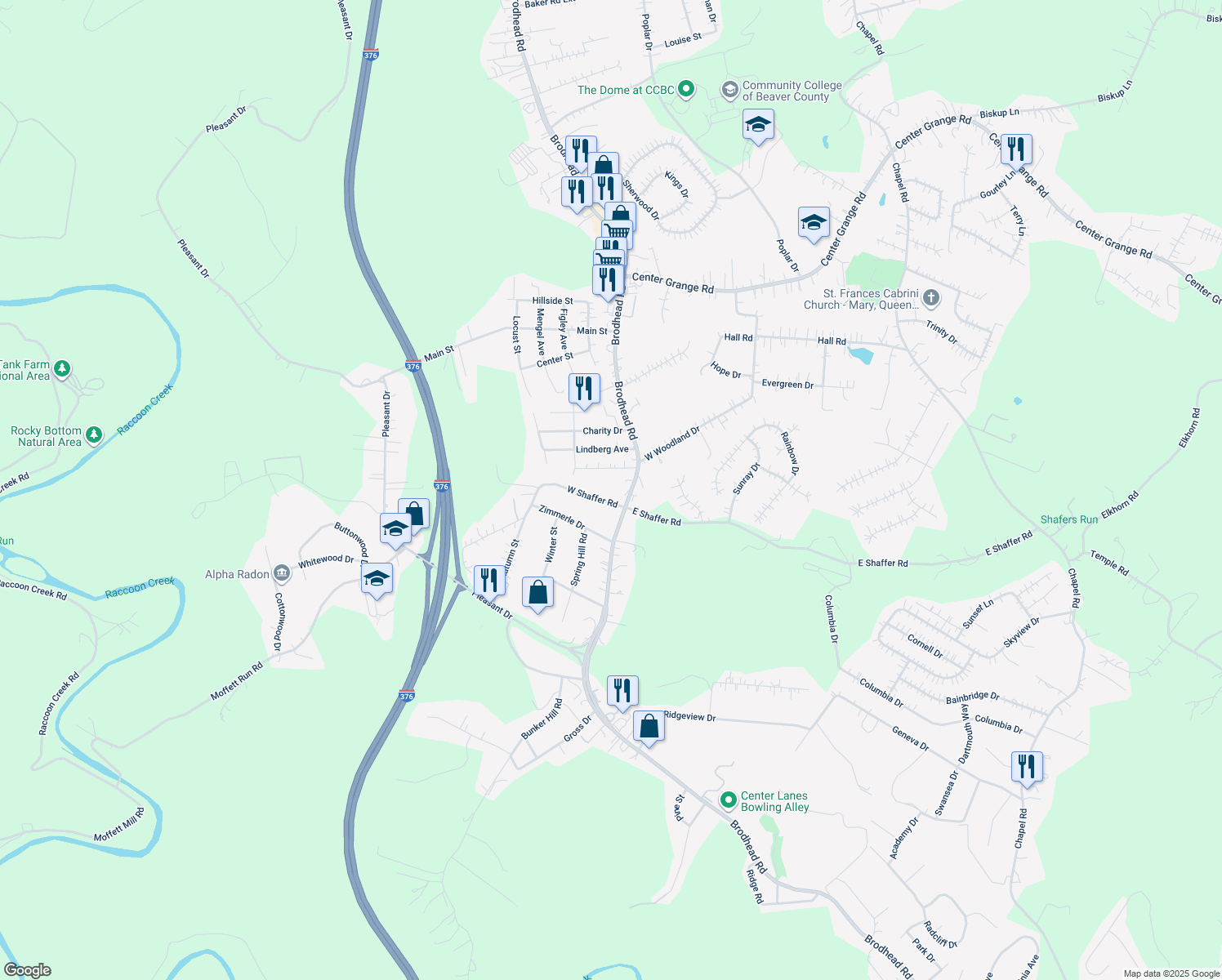 map of restaurants, bars, coffee shops, grocery stores, and more near 106 W Shaffer Rd in Aliquippa
