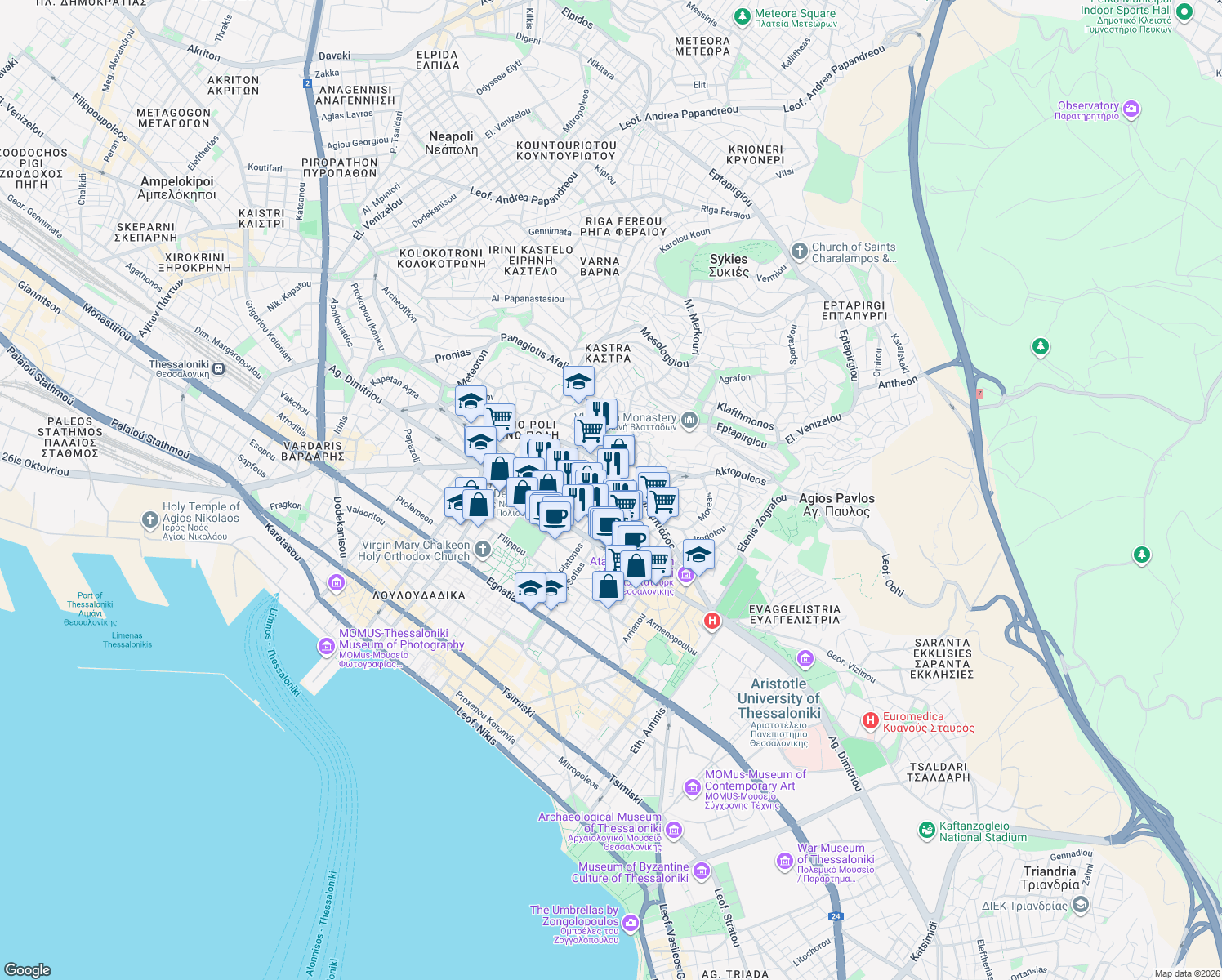 map of restaurants, bars, coffee shops, grocery stores, and more near in Thessaloniki