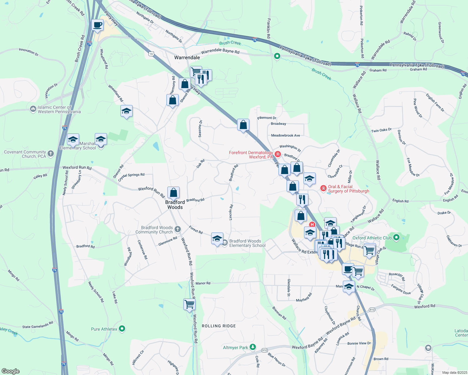 map of restaurants, bars, coffee shops, grocery stores, and more near 601 Lincoln Rd in Bradford Woods