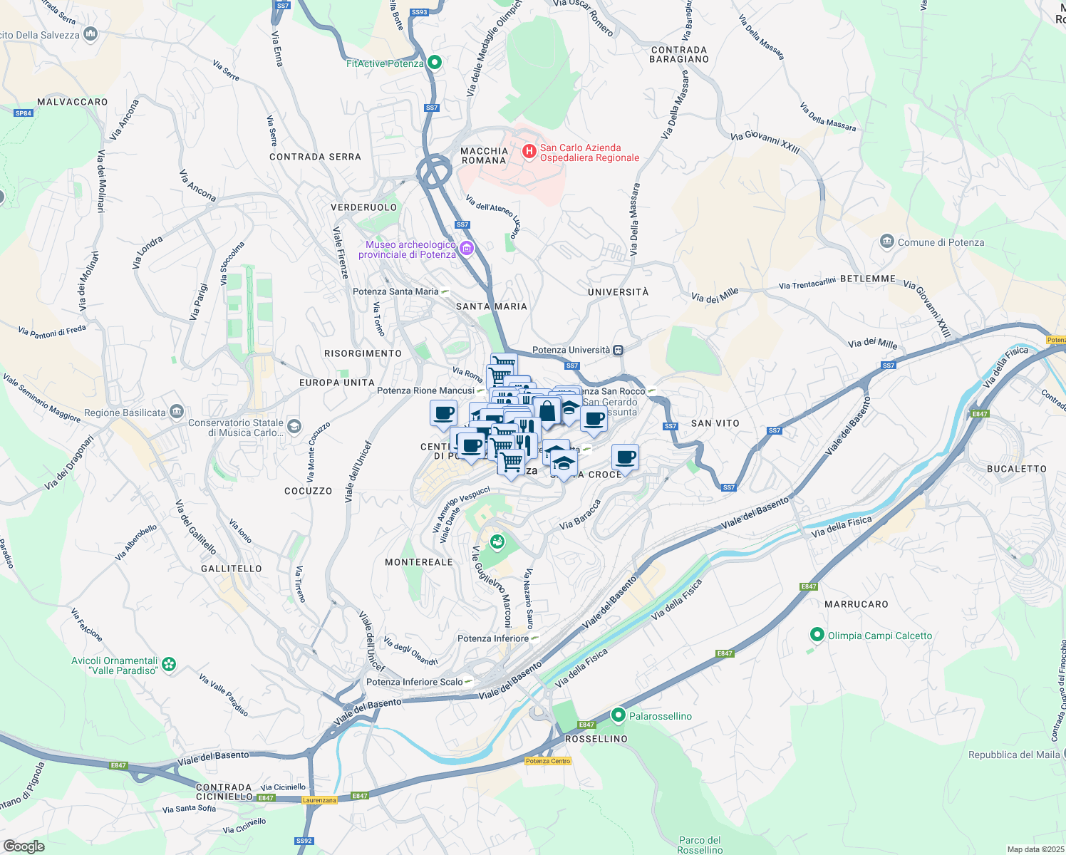 map of restaurants, bars, coffee shops, grocery stores, and more near Via Andrea Serrao in Potenza