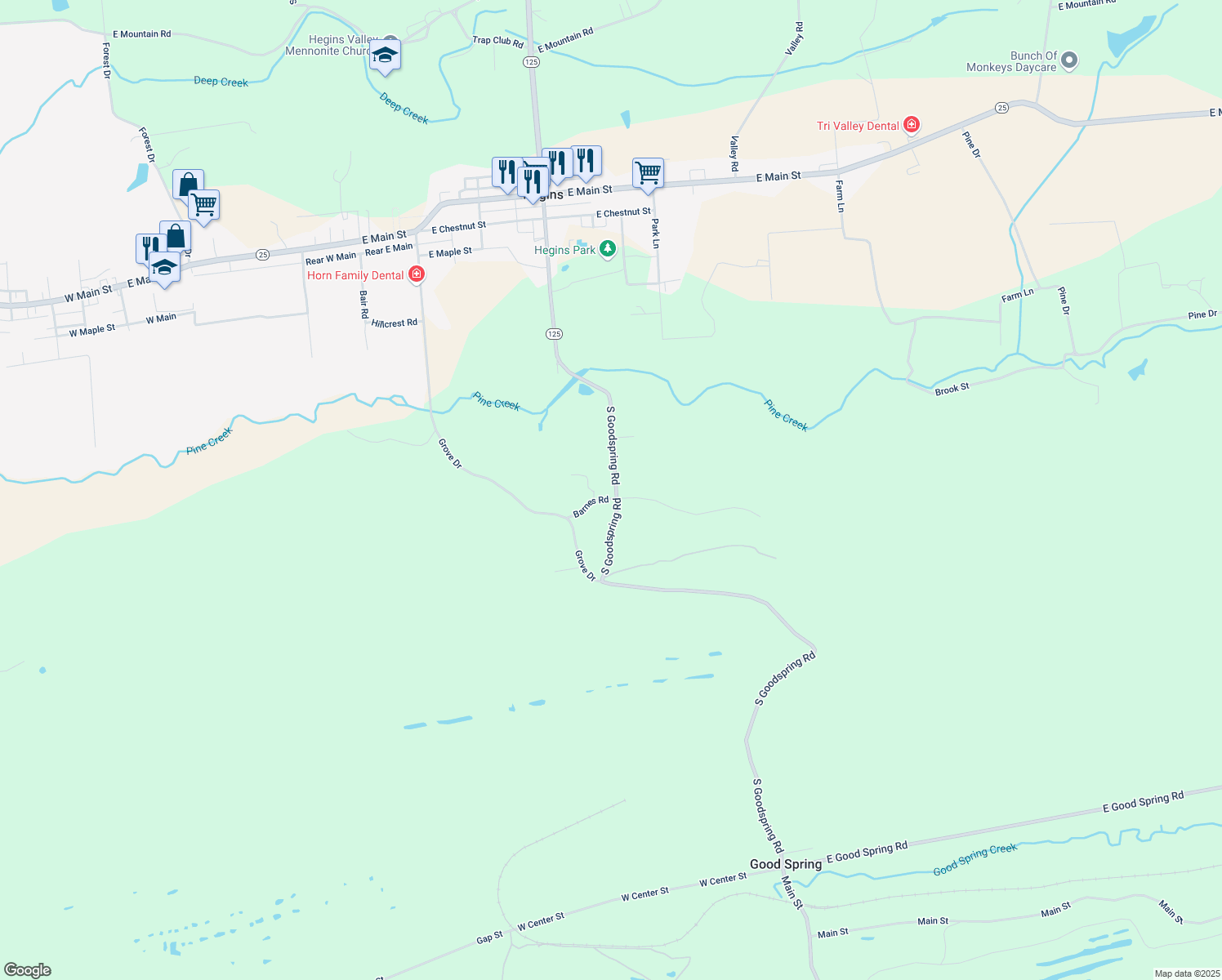 map of restaurants, bars, coffee shops, grocery stores, and more near 477 South Goodspring Road in Hegins