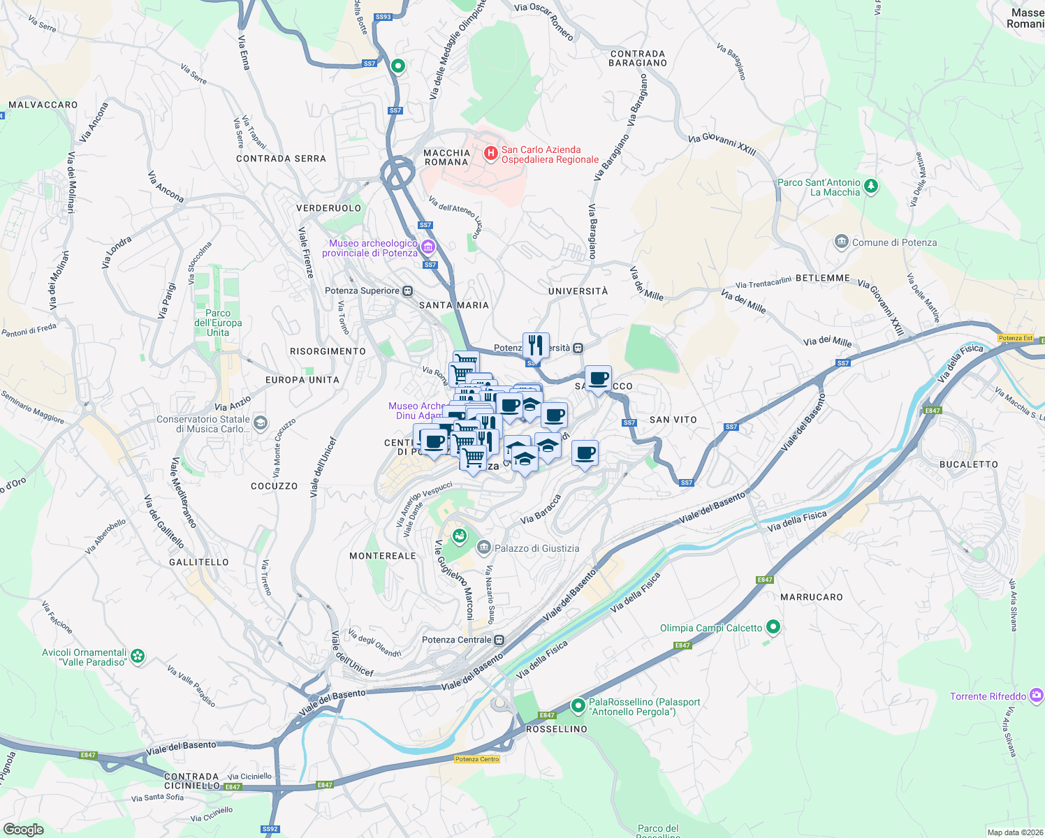 map of restaurants, bars, coffee shops, grocery stores, and more near 6 Via Vescovado in Potenza