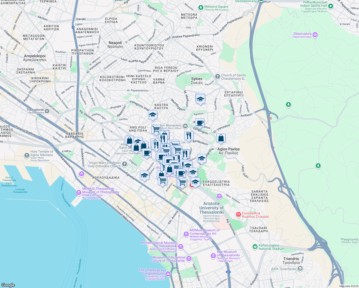 map of restaurants, bars, coffee shops, grocery stores, and more near in Thessaloniki