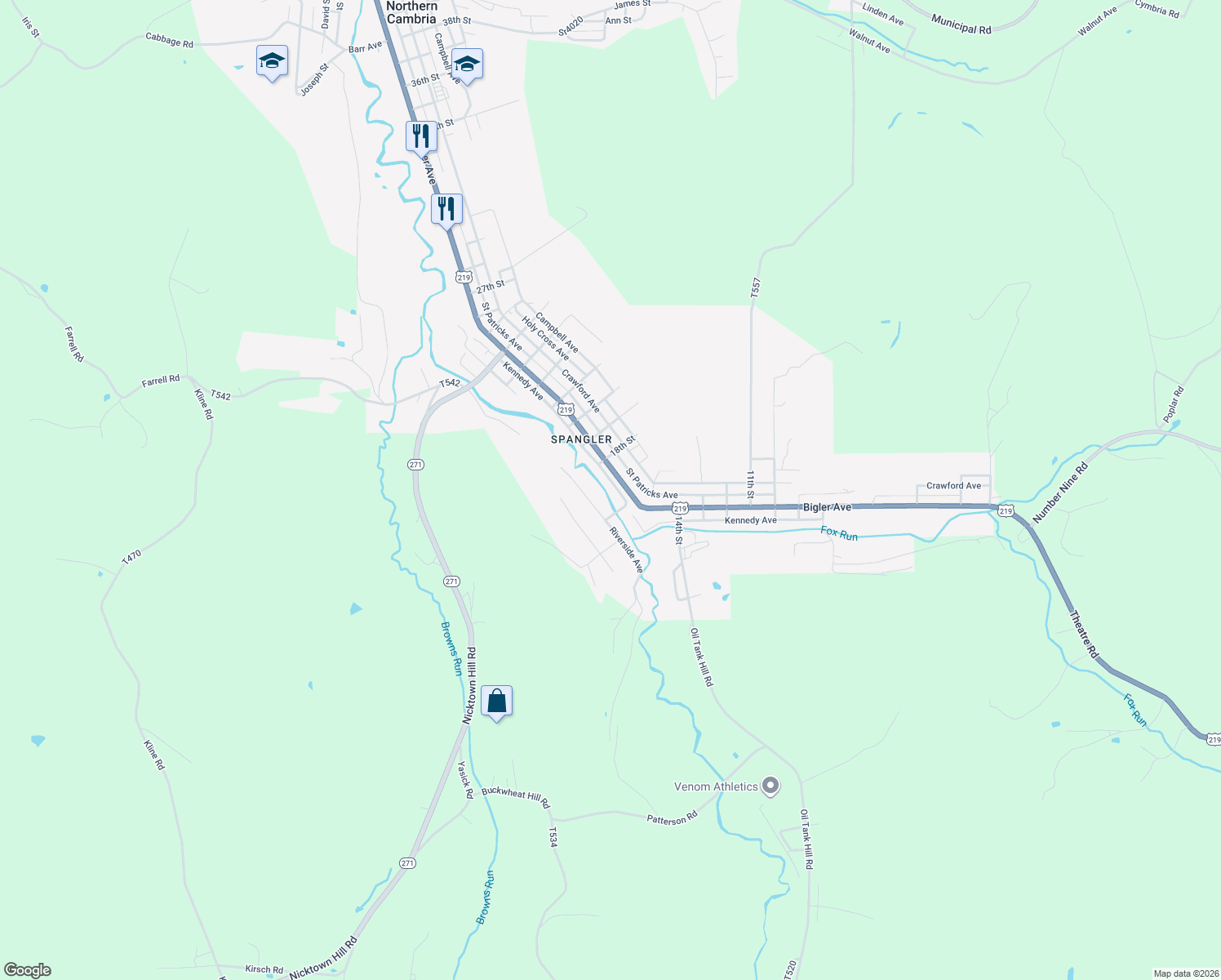 map of restaurants, bars, coffee shops, grocery stores, and more near 1700 Kennedy Ave in Spangler