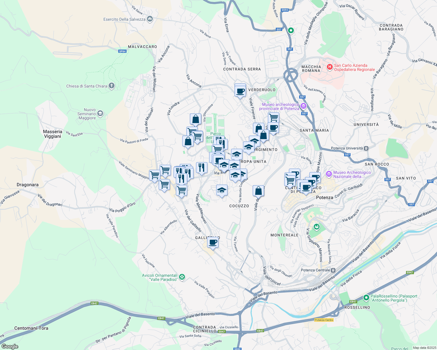 map of restaurants, bars, coffee shops, grocery stores, and more near Piazza della Costituzione Italiana in Potenza