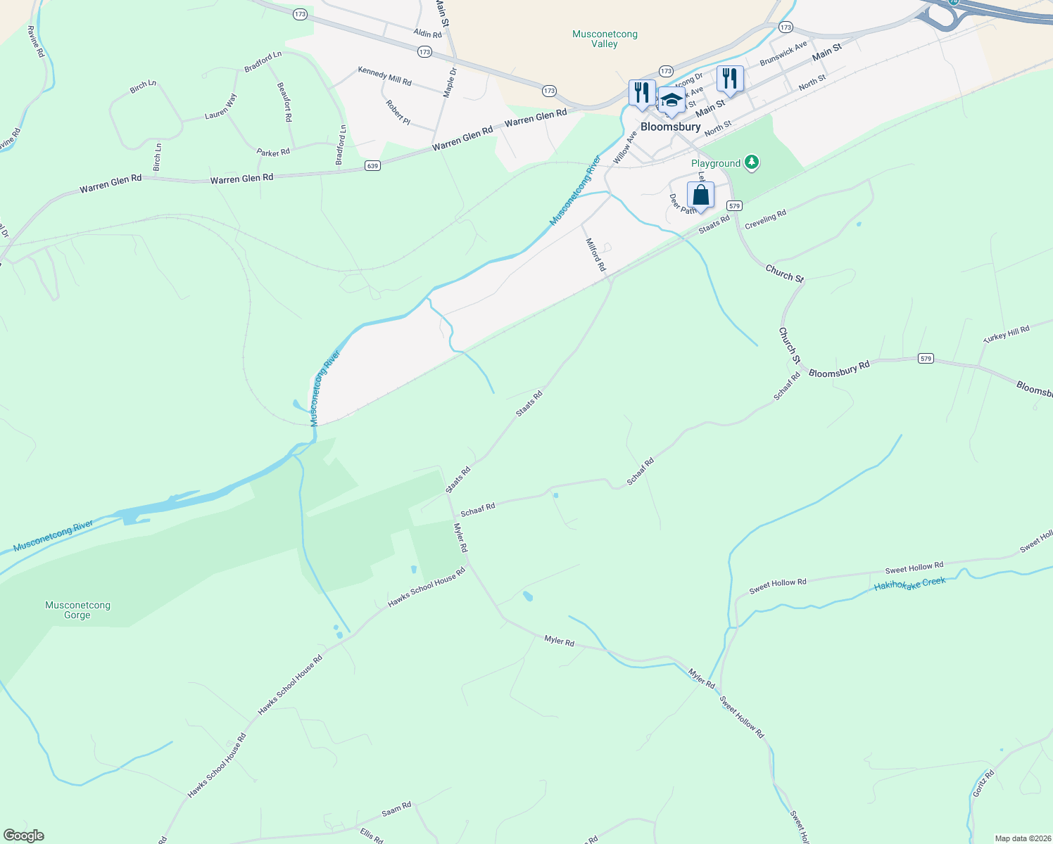 map of restaurants, bars, coffee shops, grocery stores, and more near 46 Staats Road in Bloomsbury