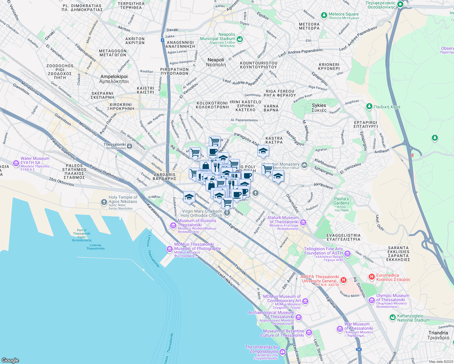 map of restaurants, bars, coffee shops, grocery stores, and more near in Thessaloniki
