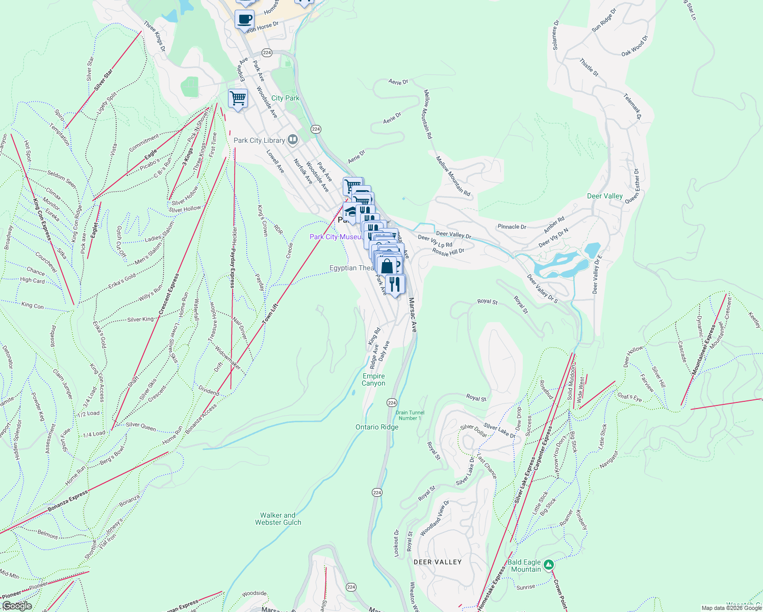 map of restaurants, bars, coffee shops, grocery stores, and more near 202 Woodside Avenue in Park City