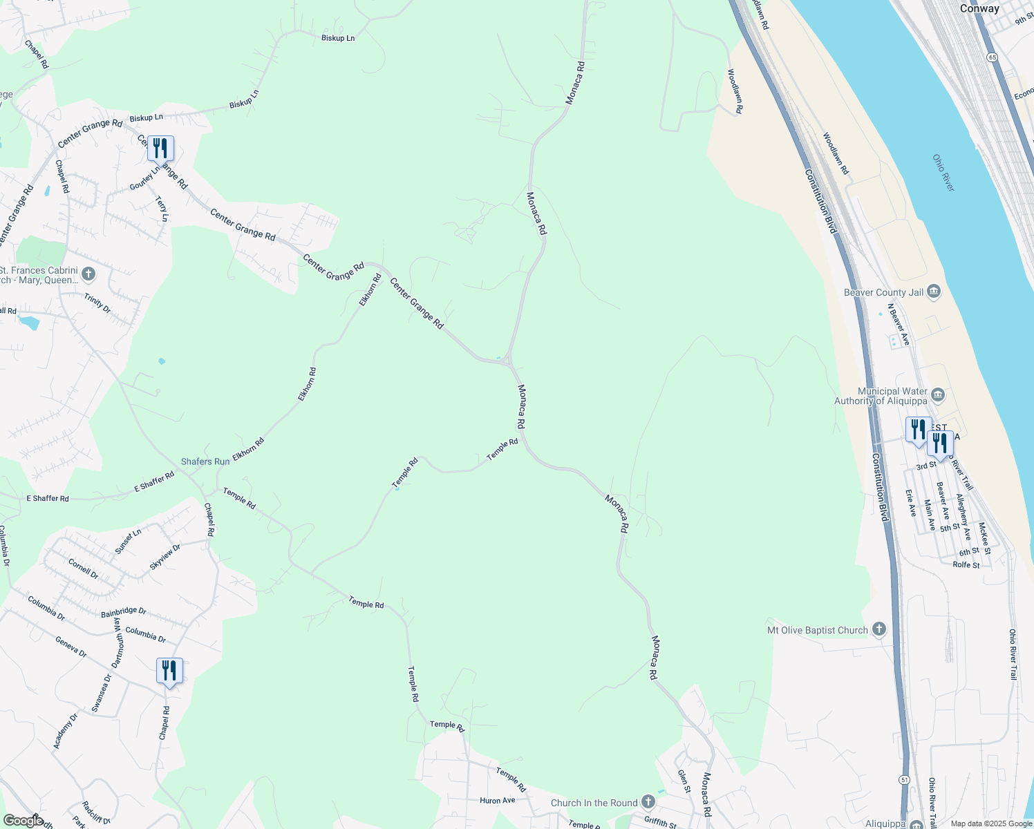 map of restaurants, bars, coffee shops, grocery stores, and more near 851 Monaca Road in Monaca