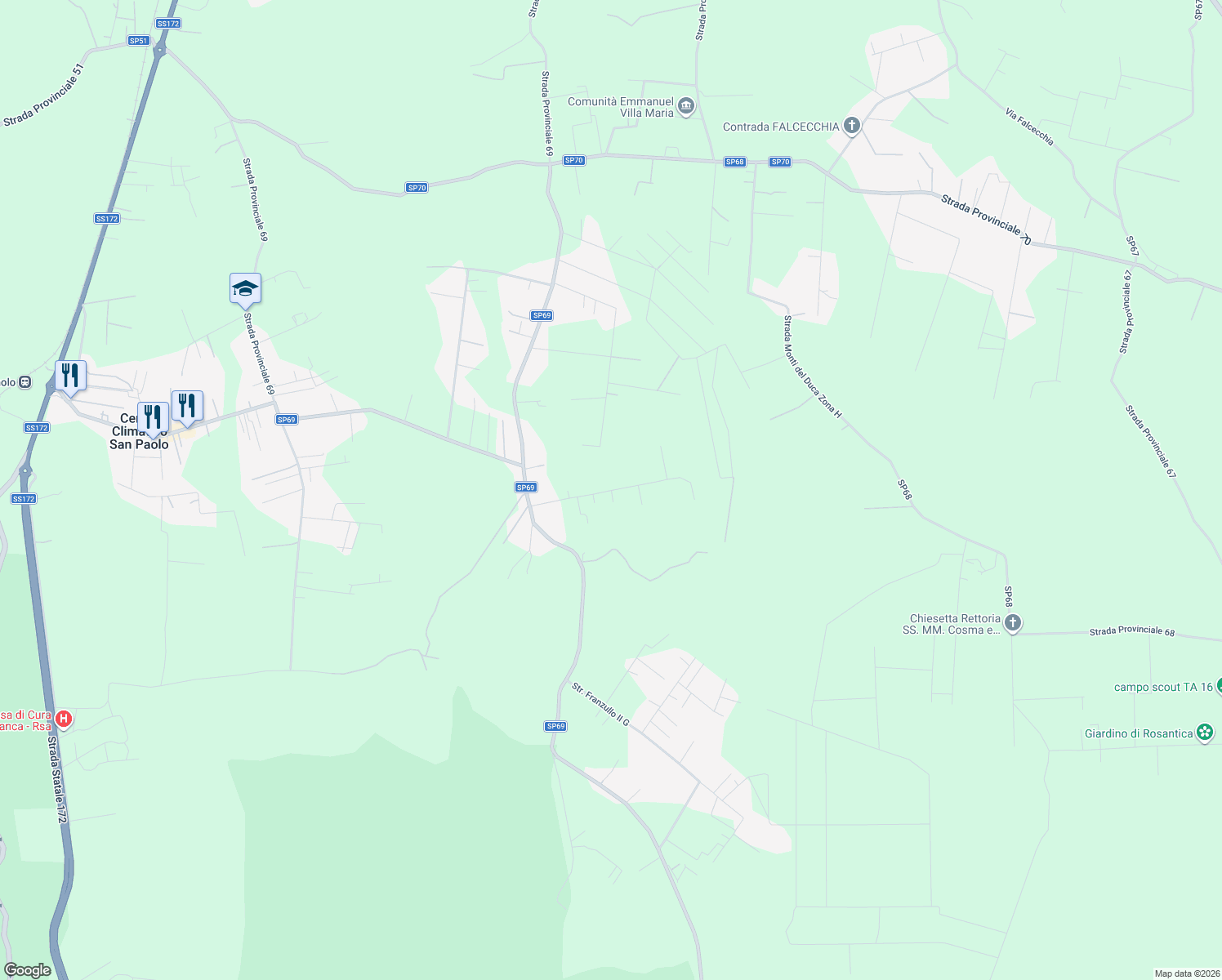 map of restaurants, bars, coffee shops, grocery stores, and more near 10 Strada Provinciale 69 in Taranto