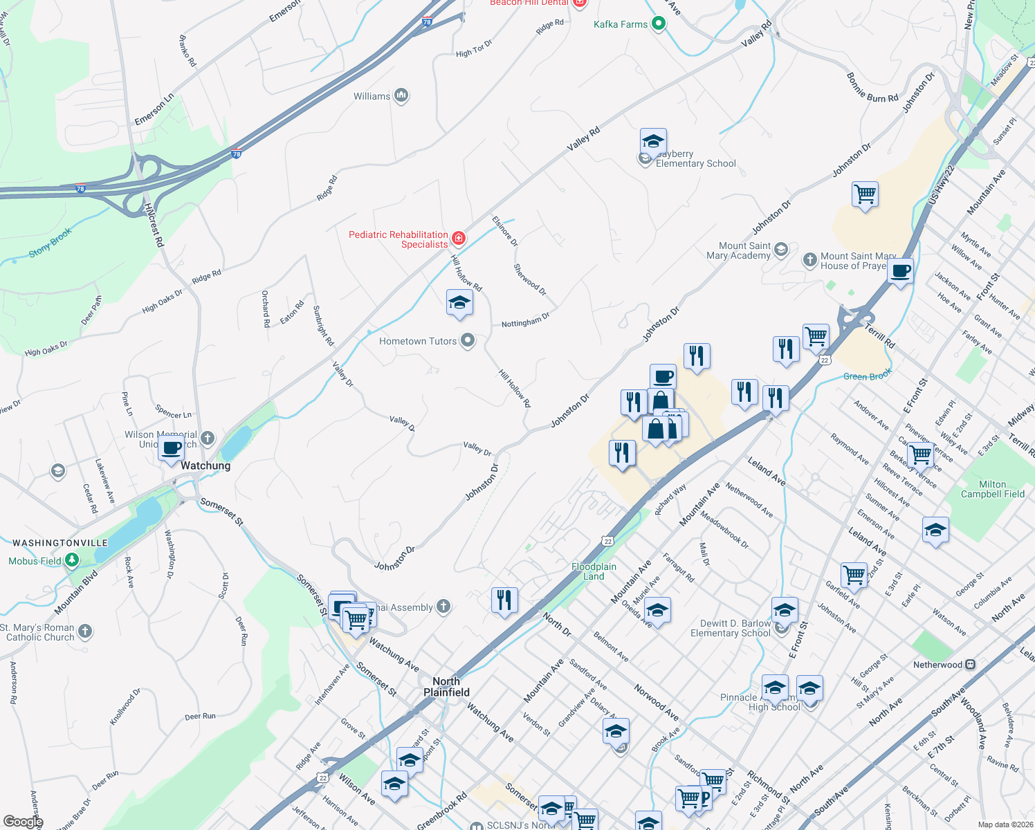 map of restaurants, bars, coffee shops, grocery stores, and more near 15 Hill Hollow Rd in Watchung