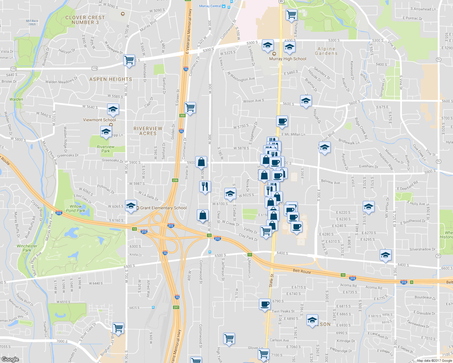 map of restaurants, bars, coffee shops, grocery stores, and more near 5993 South Sultan Circle in Murray