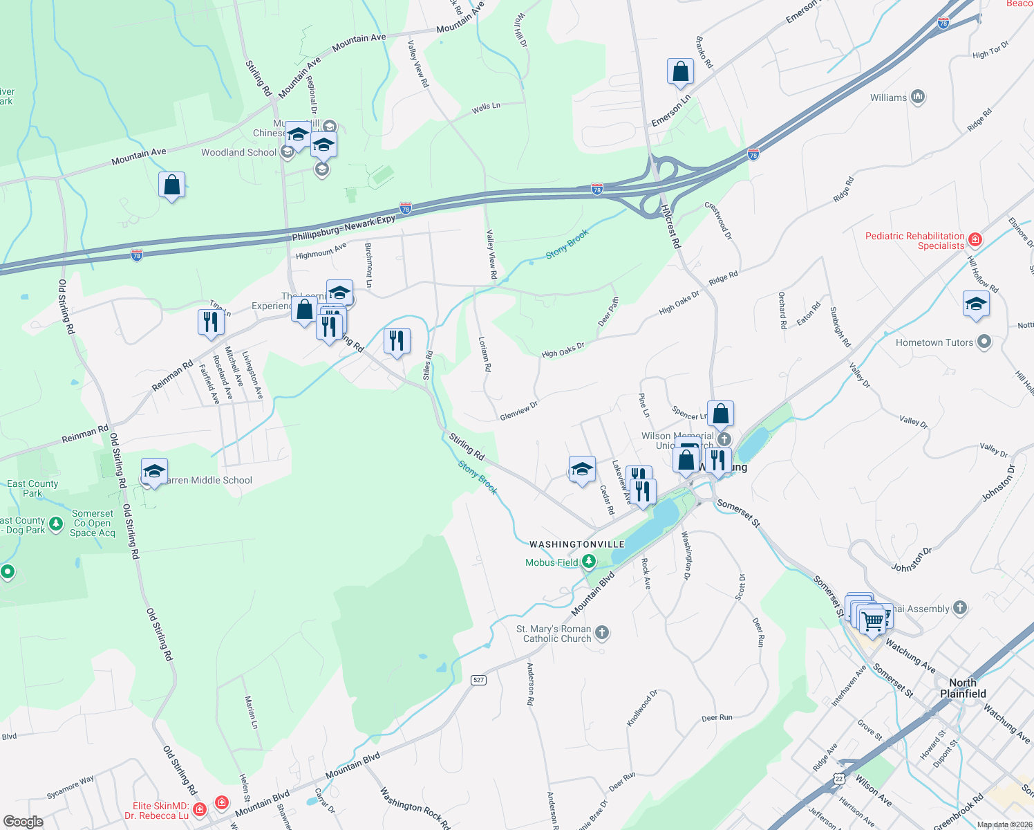 map of restaurants, bars, coffee shops, grocery stores, and more near 16 Glenview Drive in Warren