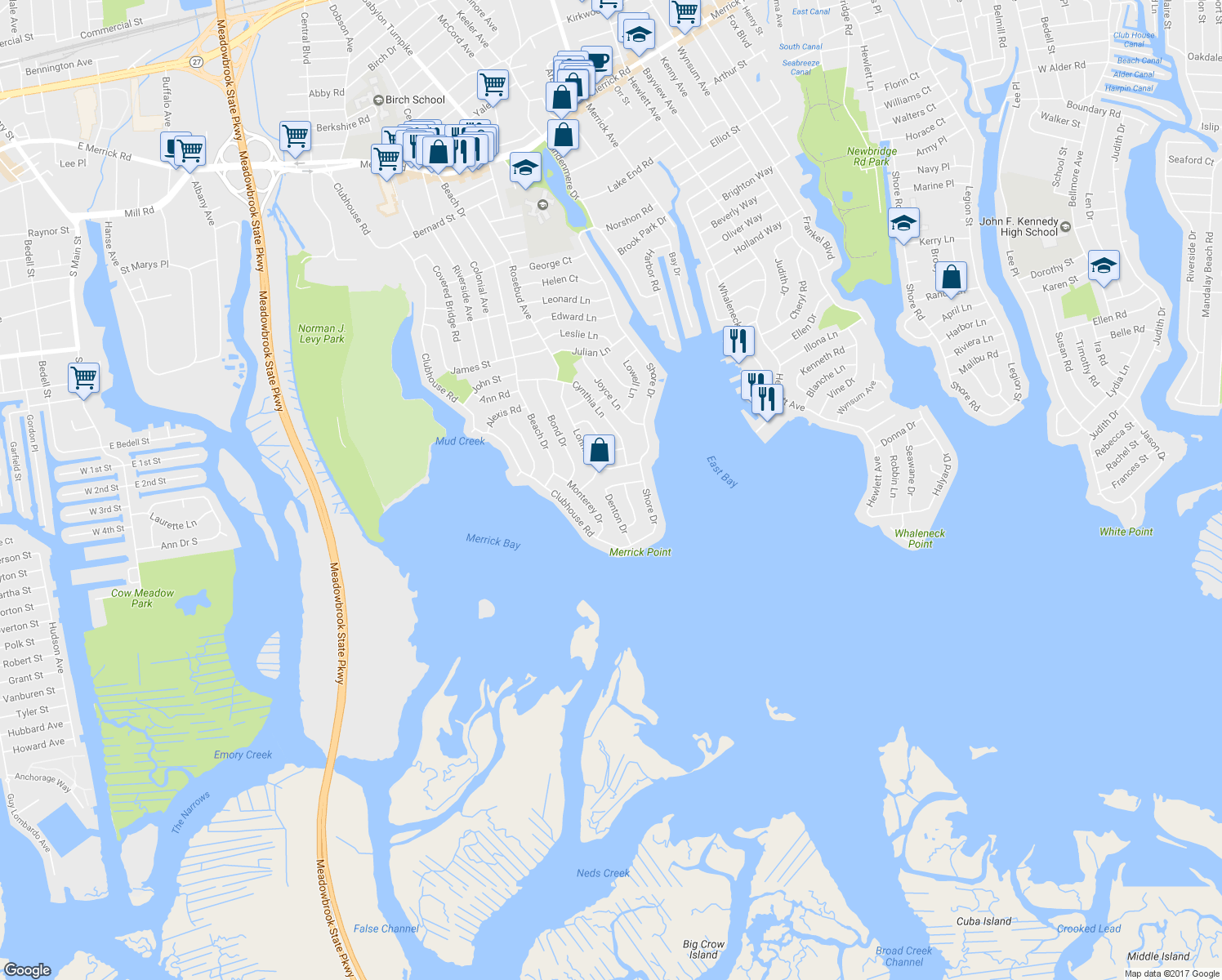 map of restaurants, bars, coffee shops, grocery stores, and more near 3125 Denton Drive in Merrick
