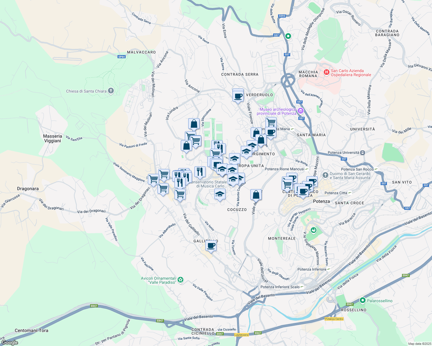 map of restaurants, bars, coffee shops, grocery stores, and more near Piazza della Costituzione Italiana in Potenza