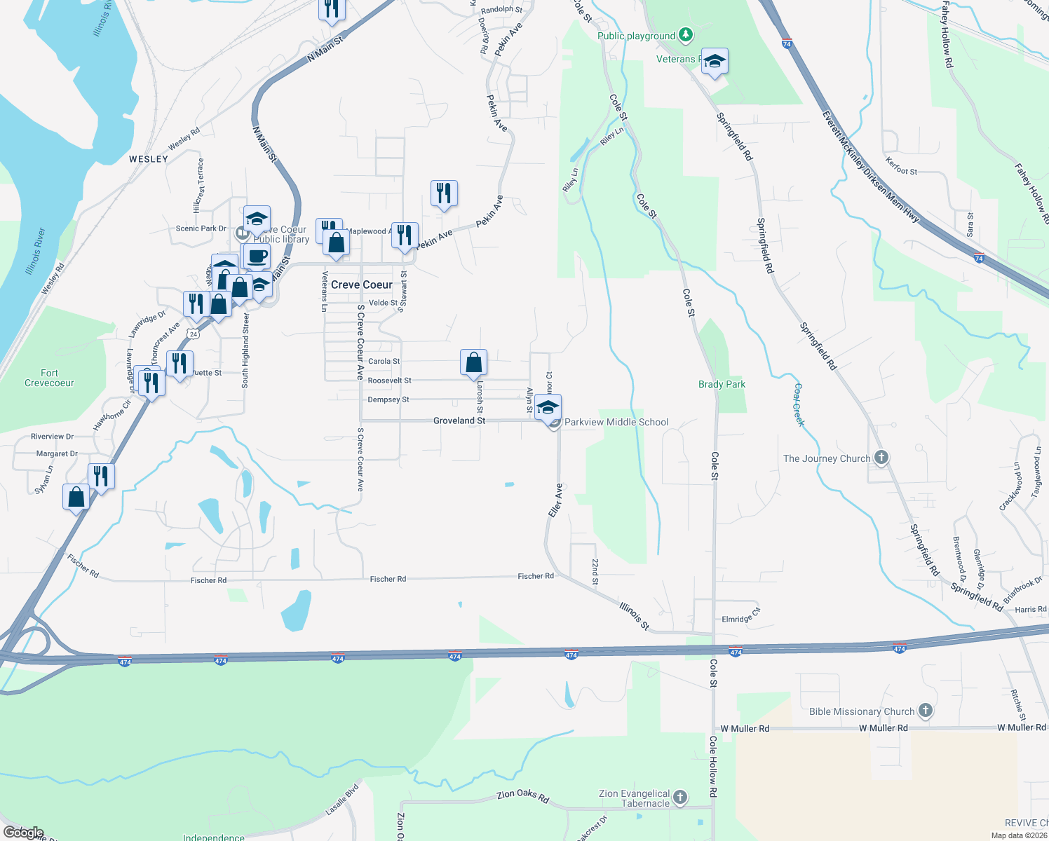 map of restaurants, bars, coffee shops, grocery stores, and more near 667 Groveland Street in Creve Coeur