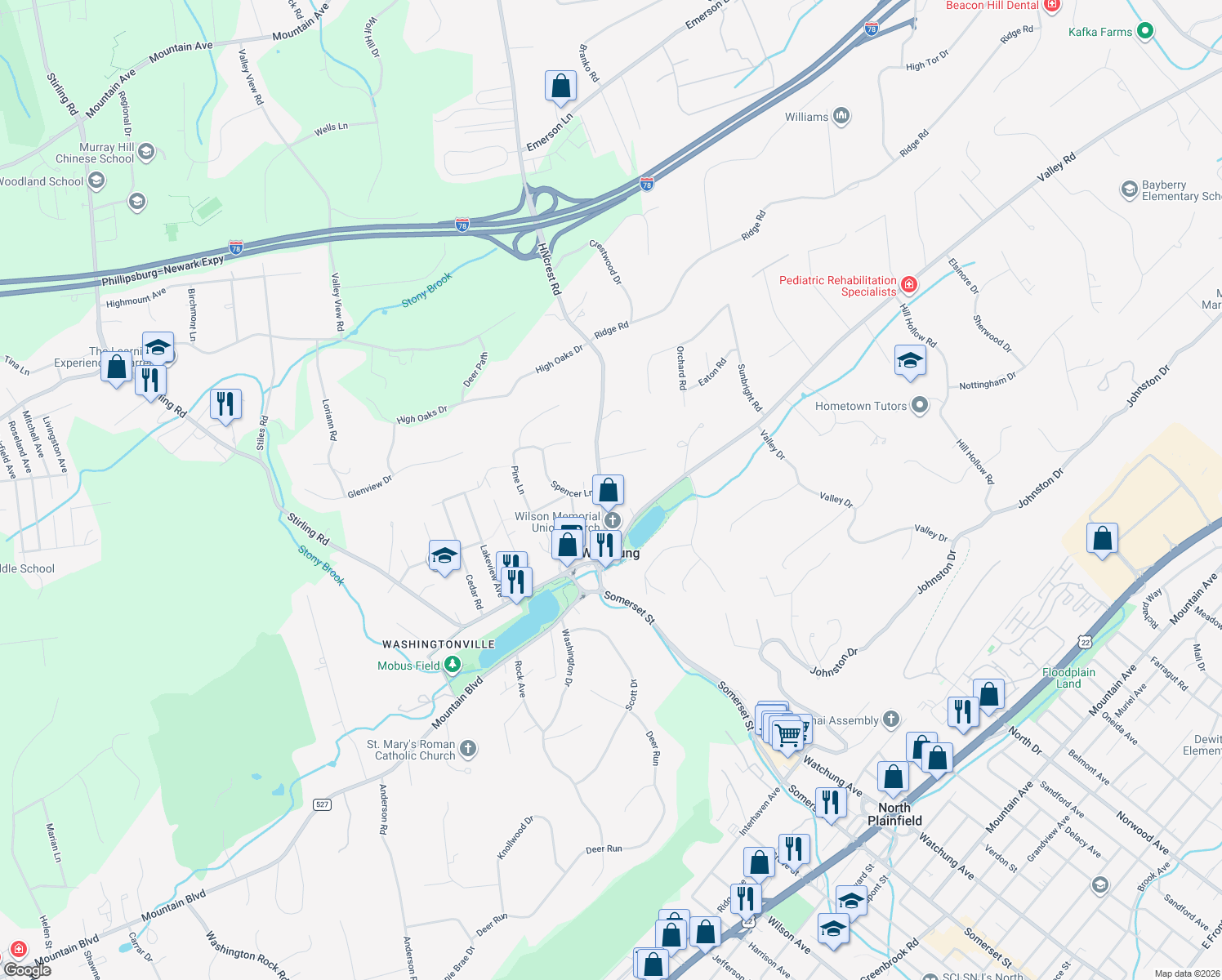 map of restaurants, bars, coffee shops, grocery stores, and more near 80 Hillcrest Road in Watchung