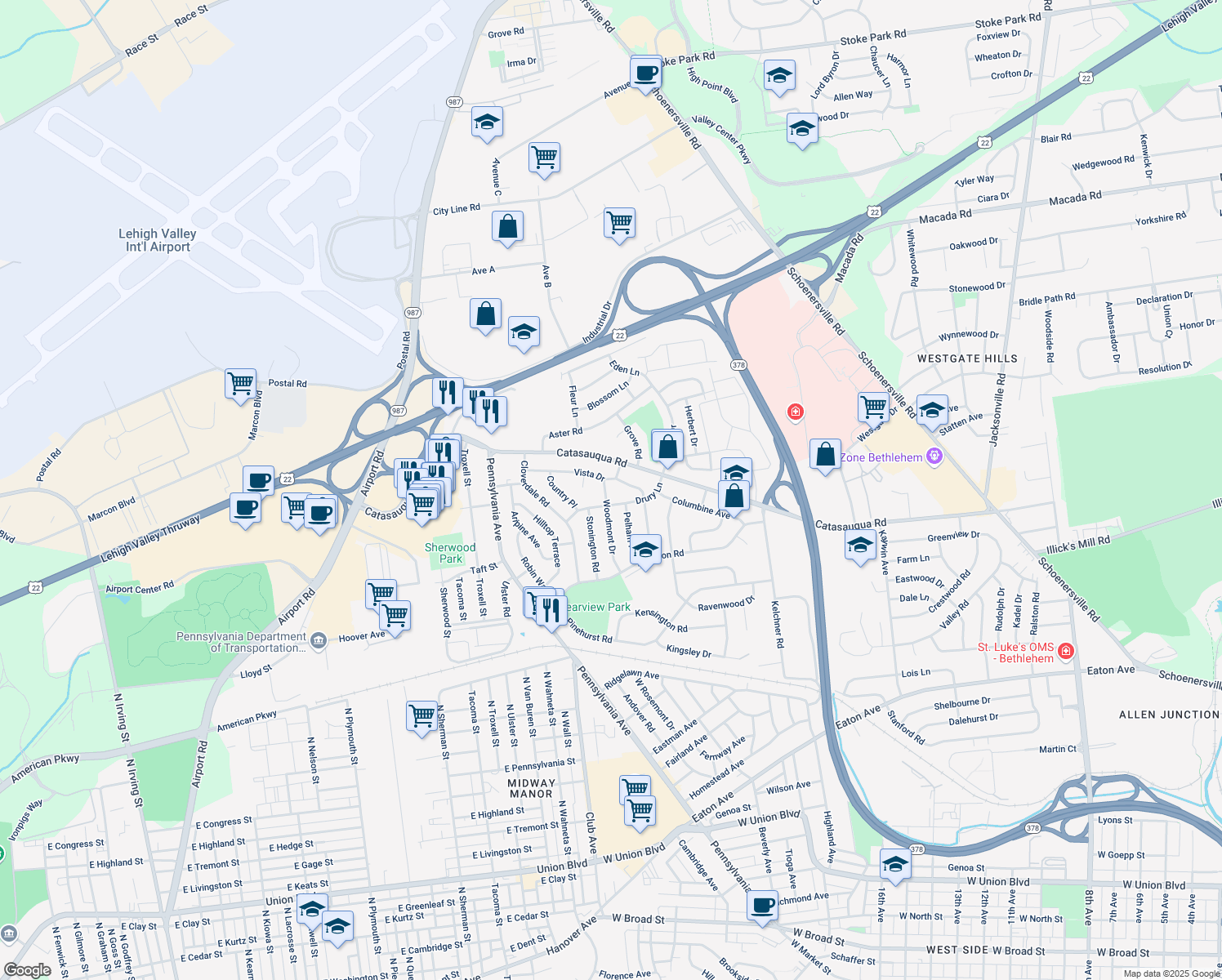 map of restaurants, bars, coffee shops, grocery stores, and more near 2020 Woodmont Dr in Bethlehem