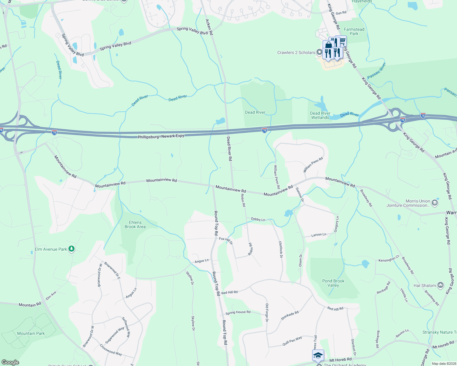 map of restaurants, bars, coffee shops, grocery stores, and more near 111 Mountainview Road in Warren