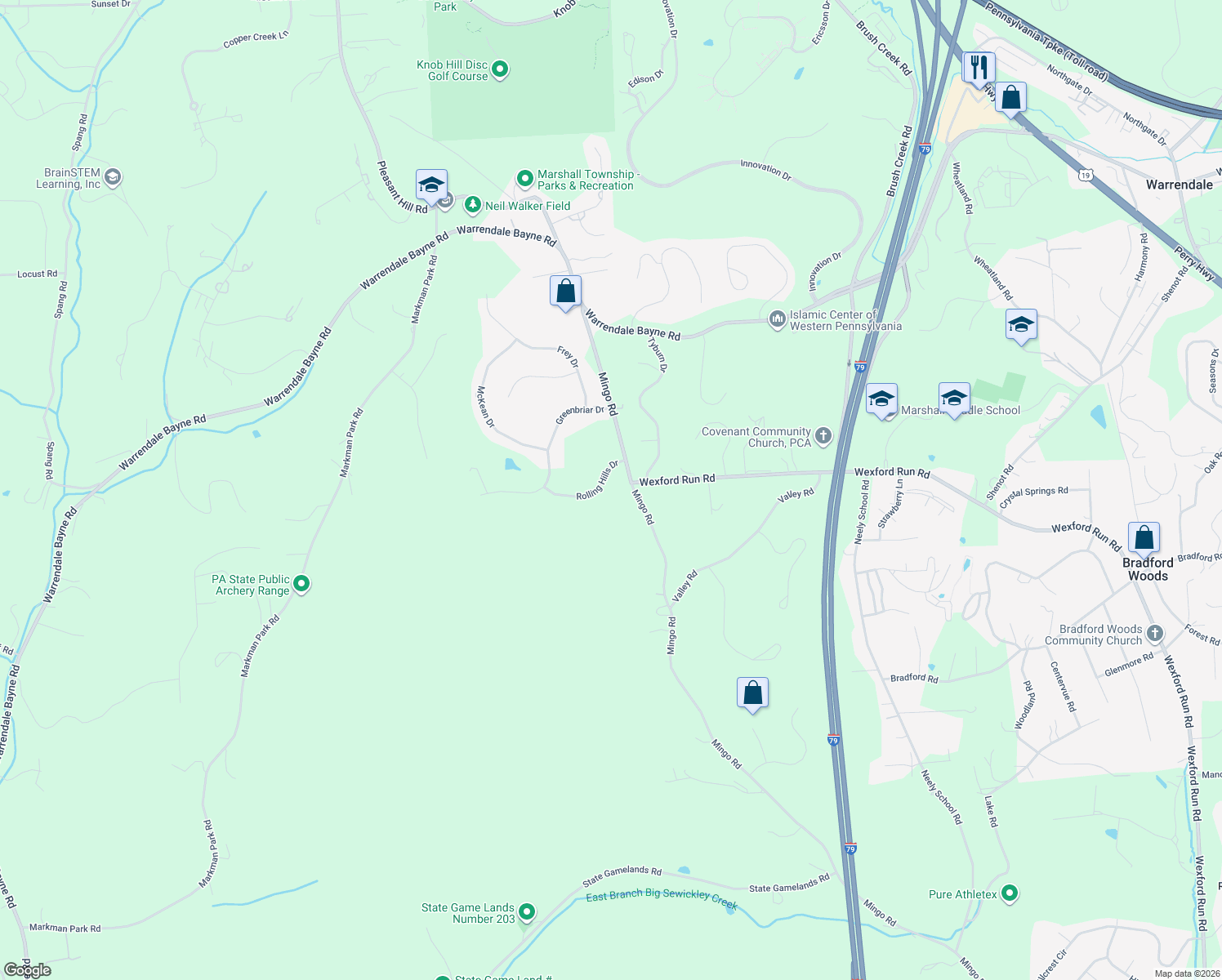map of restaurants, bars, coffee shops, grocery stores, and more near 206 Rolling Hills Dr in Wexford