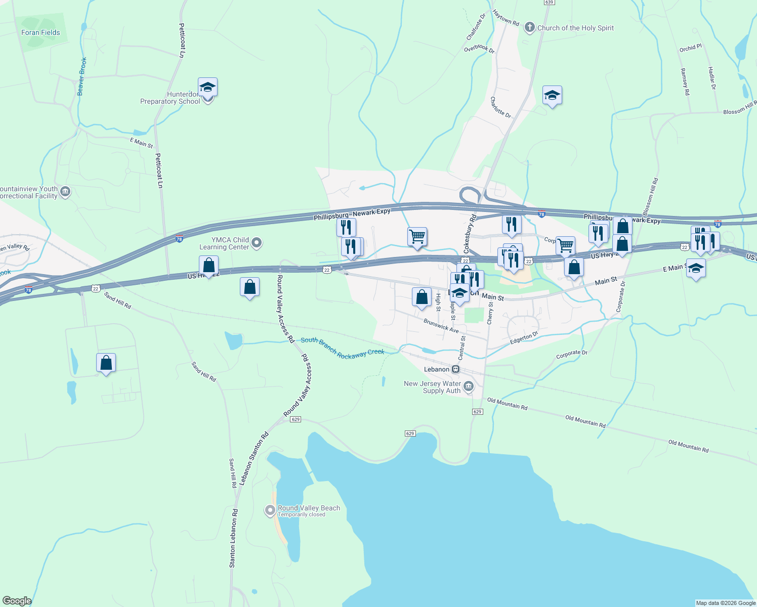 map of restaurants, bars, coffee shops, grocery stores, and more near 6 Nitzer Avenue in Lebanon