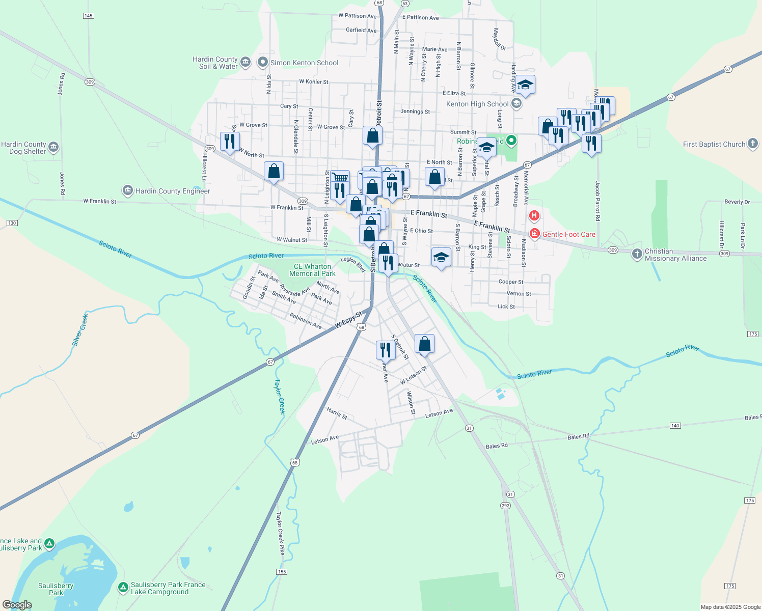 map of restaurants, bars, coffee shops, grocery stores, and more near 125 West Espy Street in Kenton
