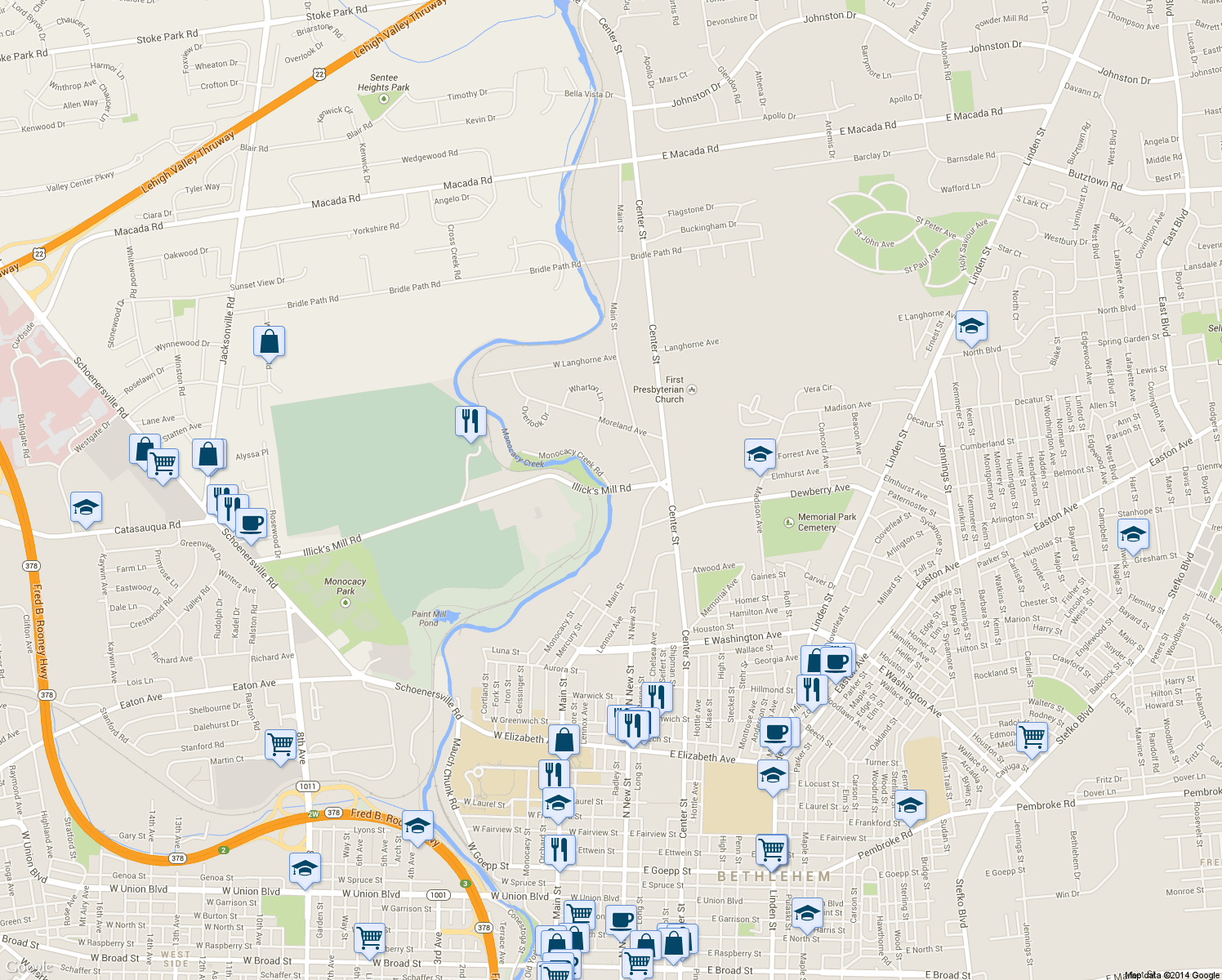 map of restaurants, bars, coffee shops, grocery stores, and more near 130 Illicks Mill Rd in Bethlehem