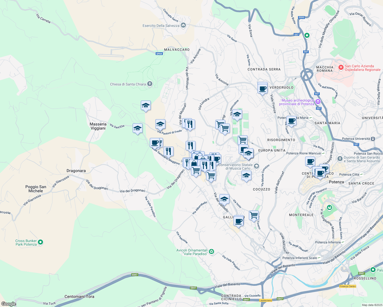 map of restaurants, bars, coffee shops, grocery stores, and more near Via dei Molinari in Potenza
