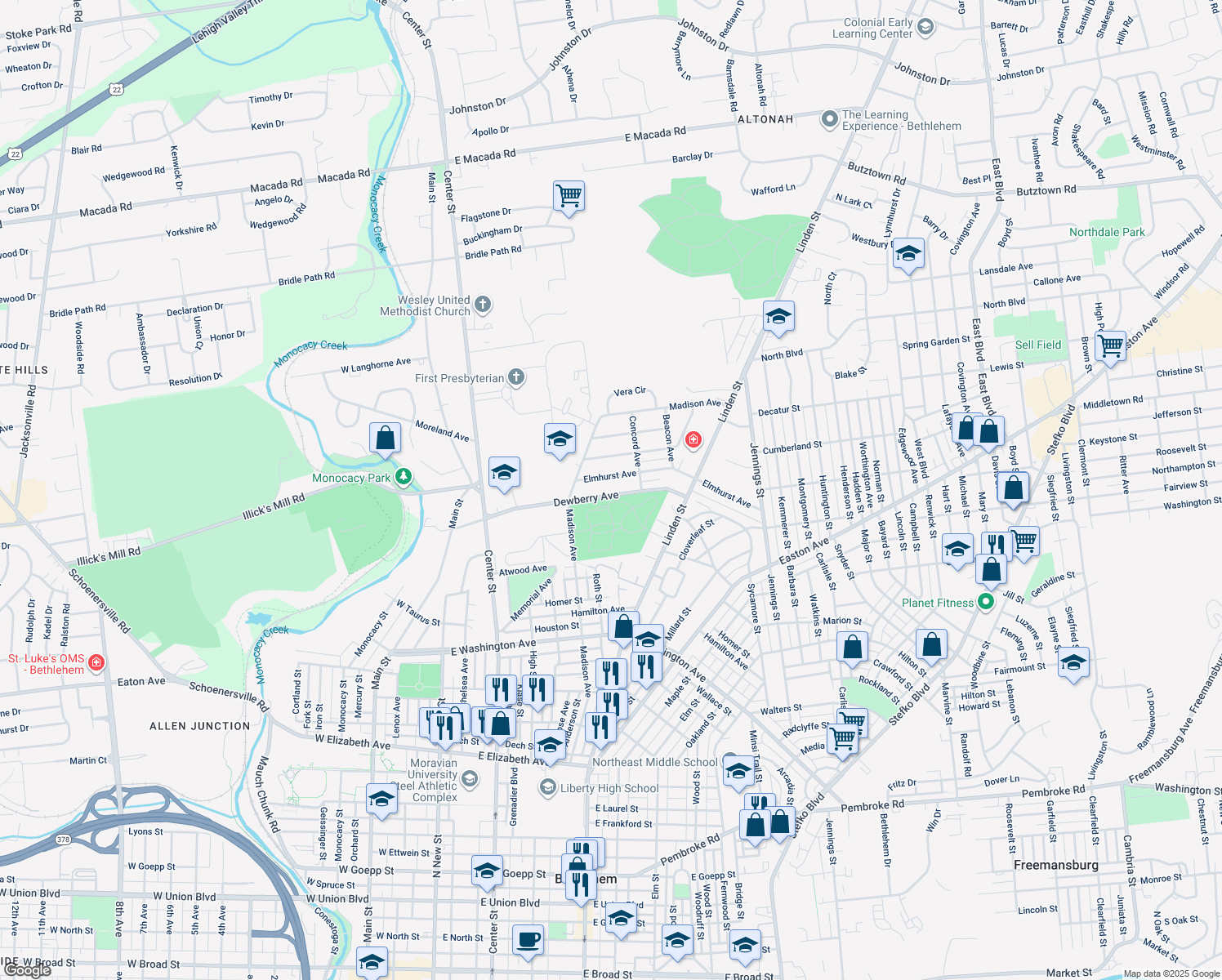 map of restaurants, bars, coffee shops, grocery stores, and more near 461 Dewberry Avenue in Bethlehem