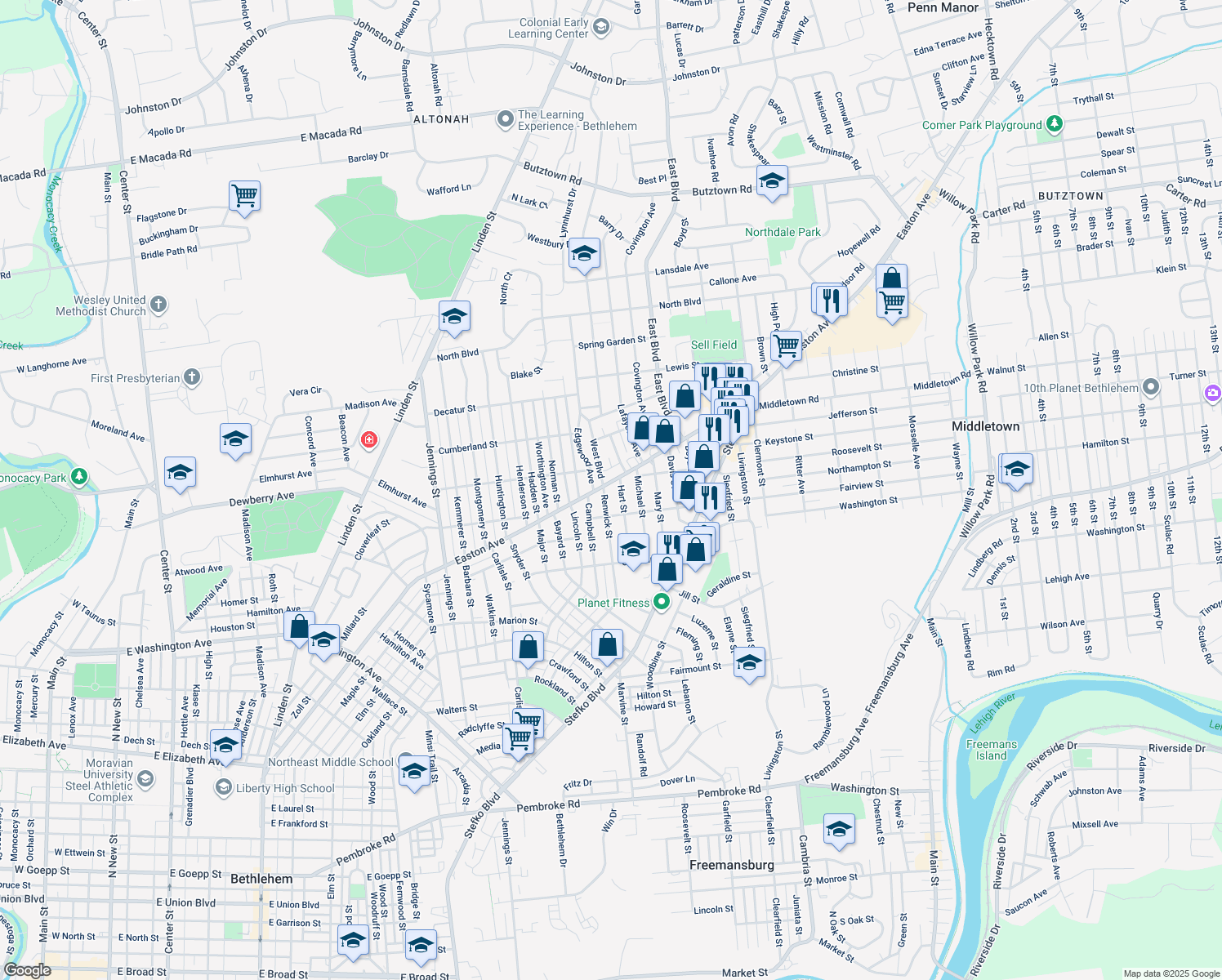 map of restaurants, bars, coffee shops, grocery stores, and more near 2308 Easton Avenue in Bethlehem