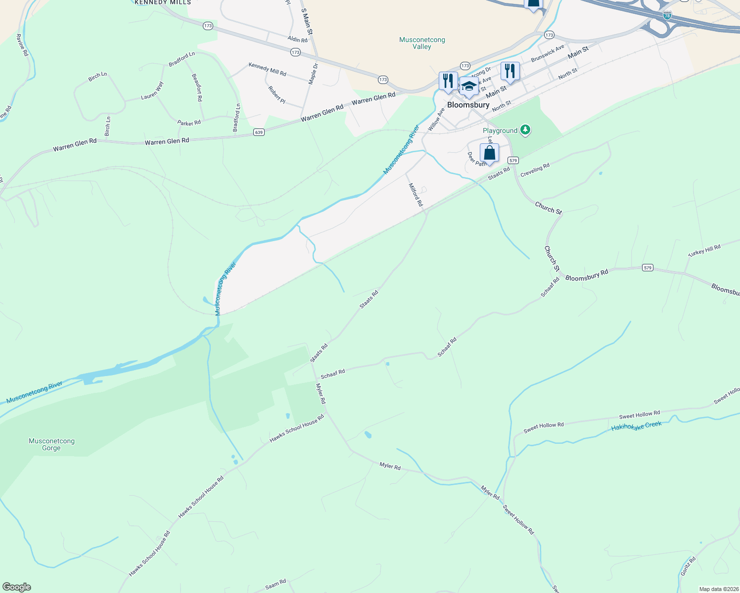 map of restaurants, bars, coffee shops, grocery stores, and more near 46 Staats Road in Bloomsbury