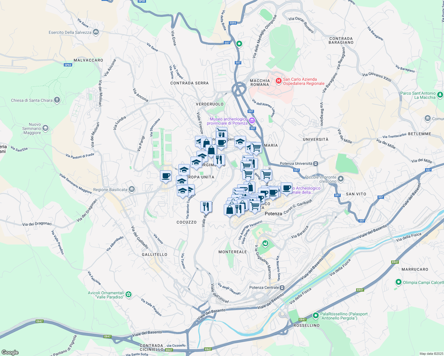 map of restaurants, bars, coffee shops, grocery stores, and more near Via dell'Unicef in Potenza