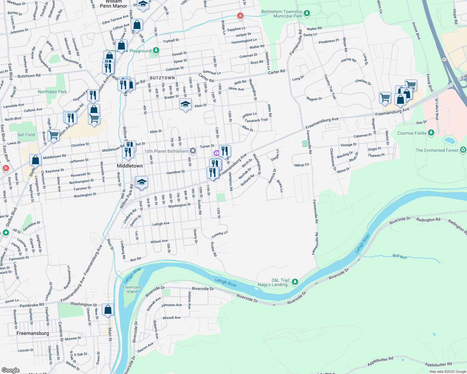 map of restaurants, bars, coffee shops, grocery stores, and more near 1806 Hampton Road in Bethlehem