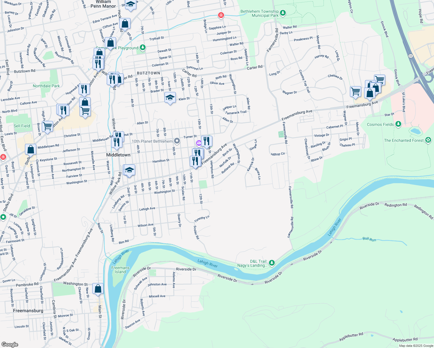map of restaurants, bars, coffee shops, grocery stores, and more near 3933 Rutland Road in Bethlehem