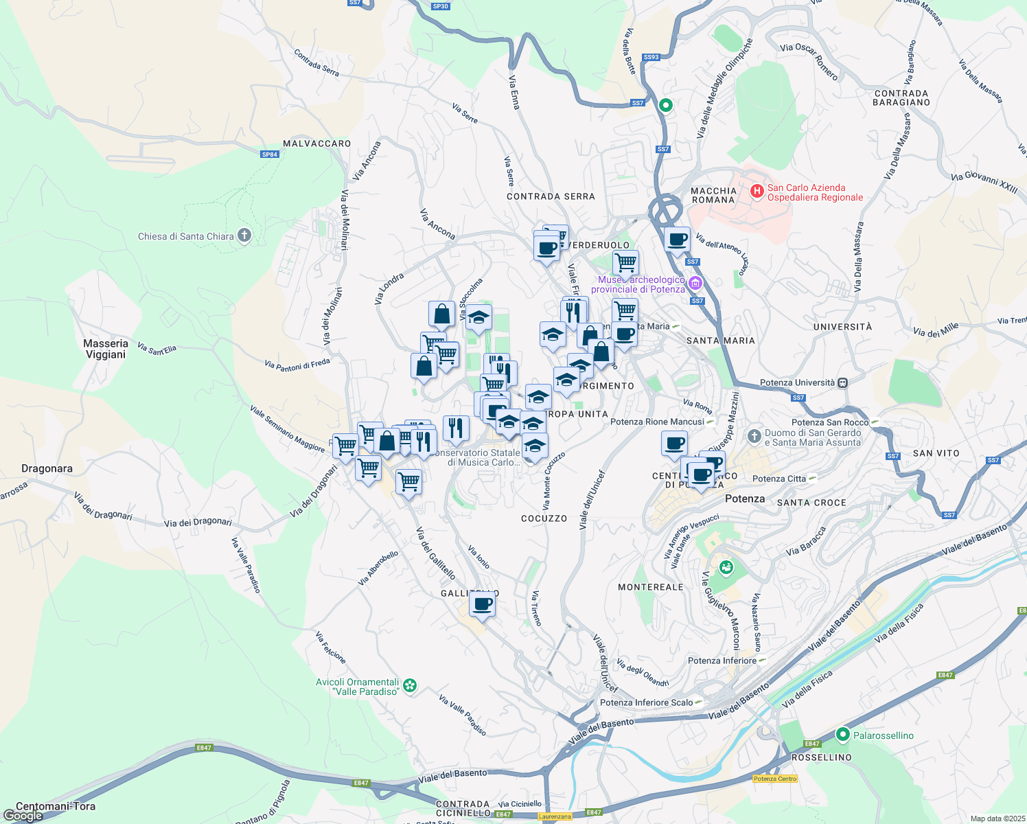 map of restaurants, bars, coffee shops, grocery stores, and more near Piazza della Costituzione Italiana in Potenza
