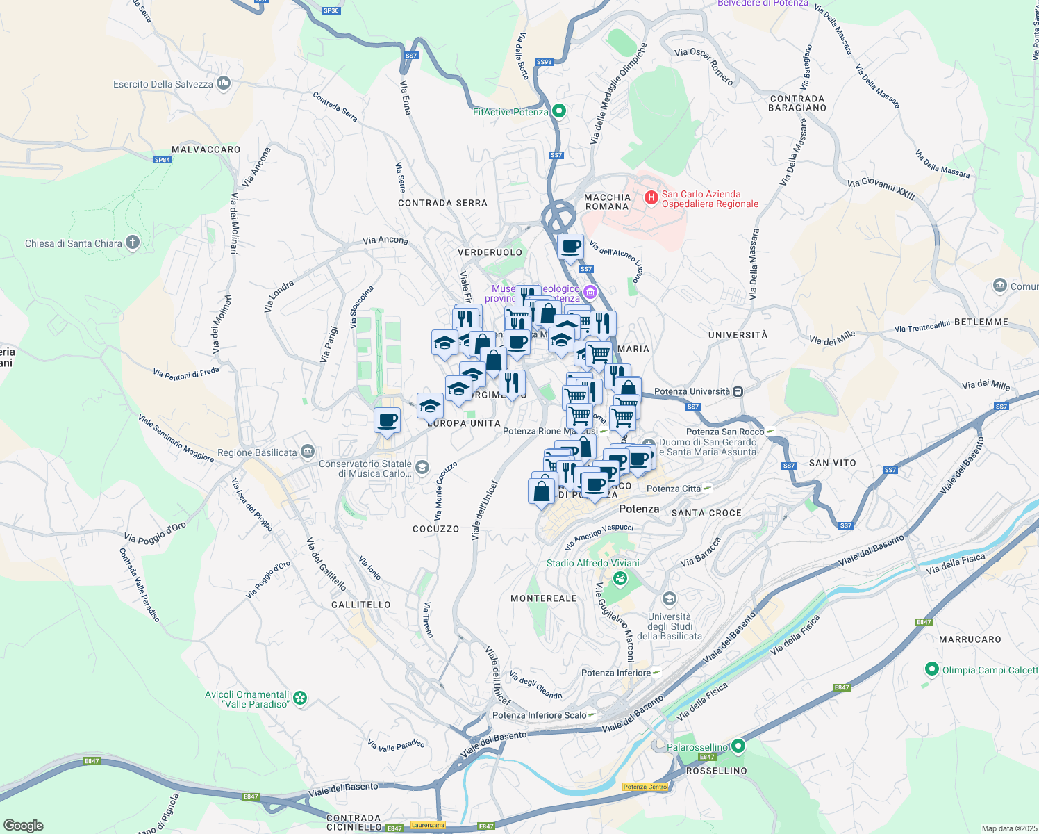 map of restaurants, bars, coffee shops, grocery stores, and more near 6 Via Maratea in Potenza