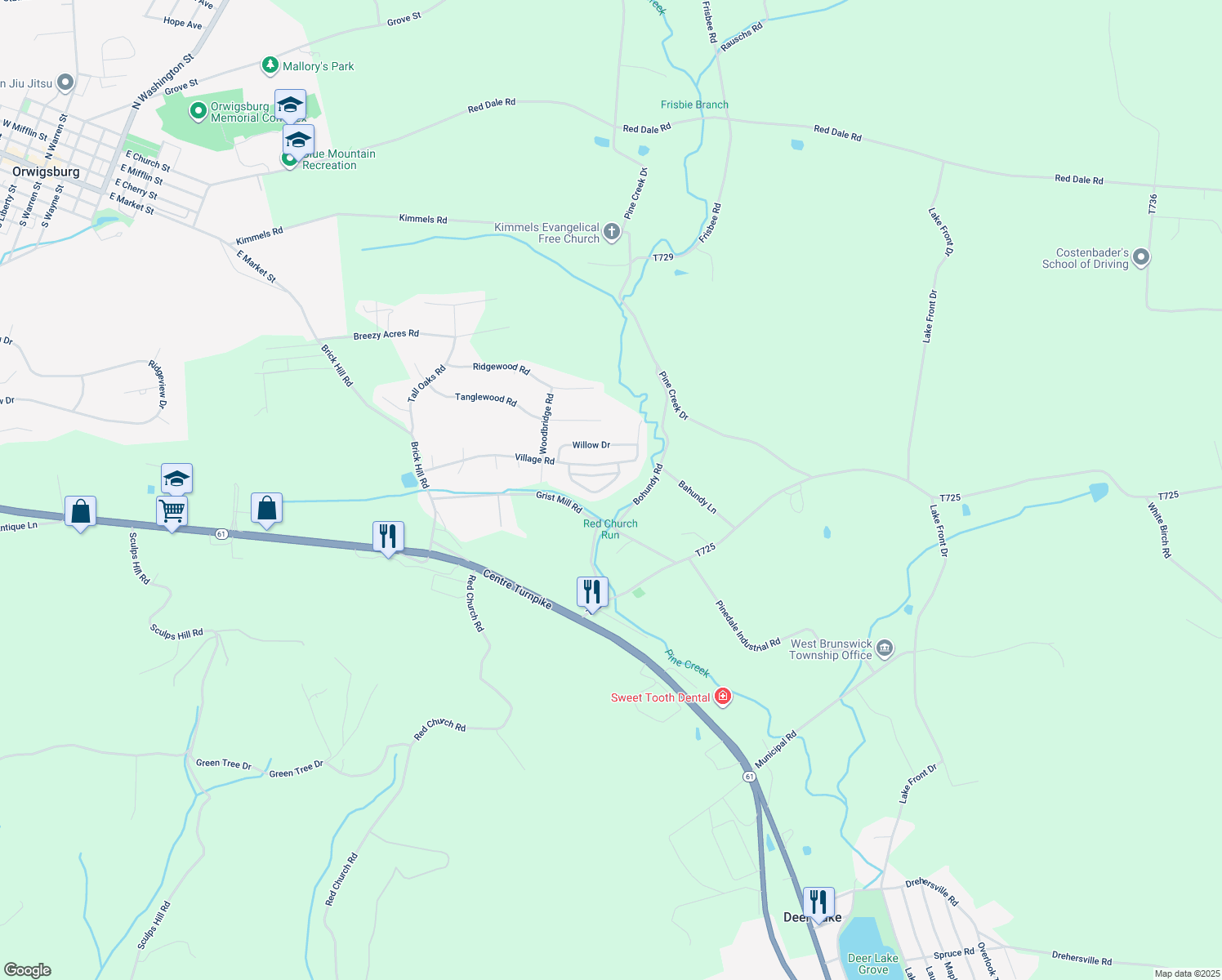 map of restaurants, bars, coffee shops, grocery stores, and more near 4004 Brookside Ct in Orwigsburg