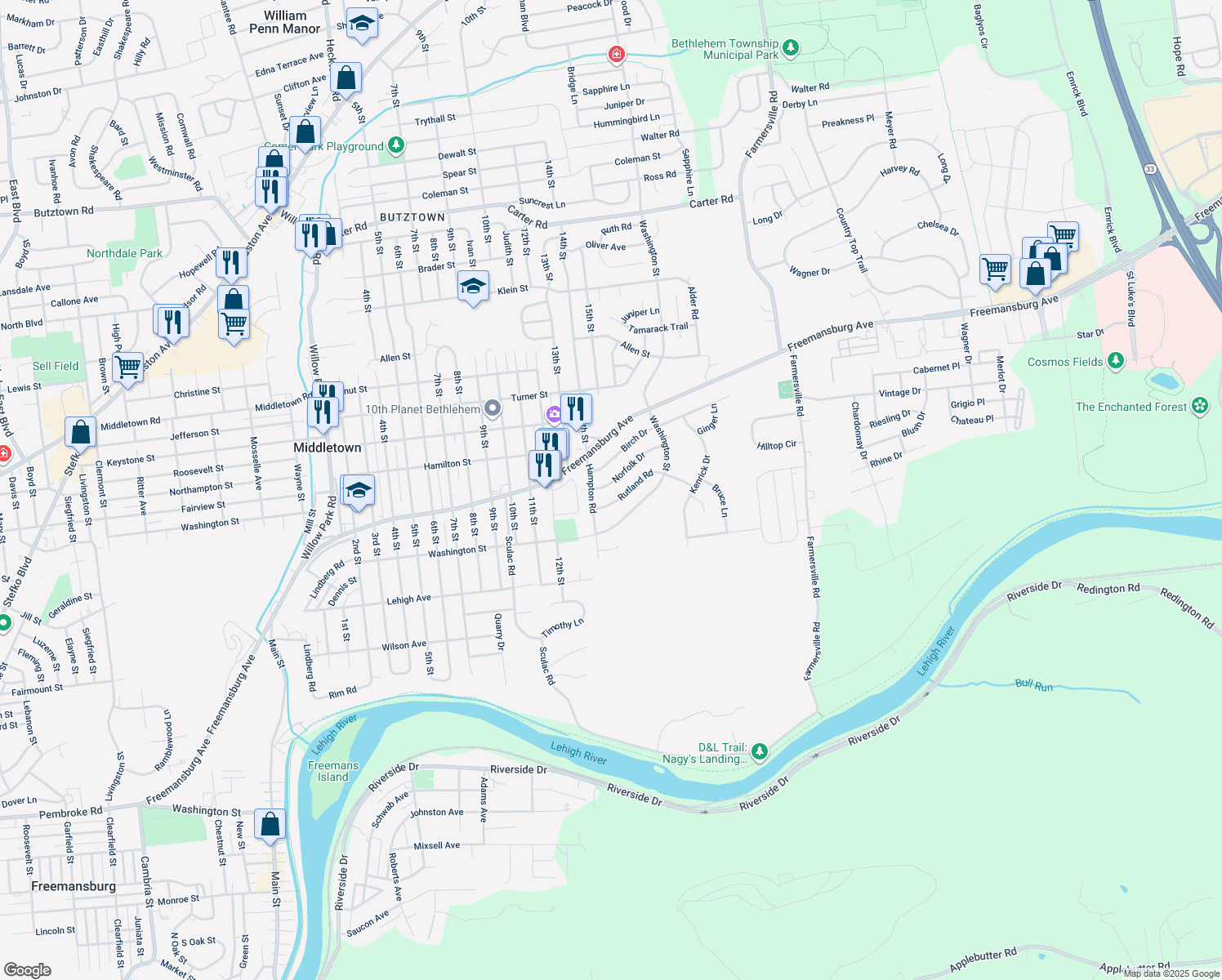 map of restaurants, bars, coffee shops, grocery stores, and more near 3934 Norfolk Drive in Bethlehem