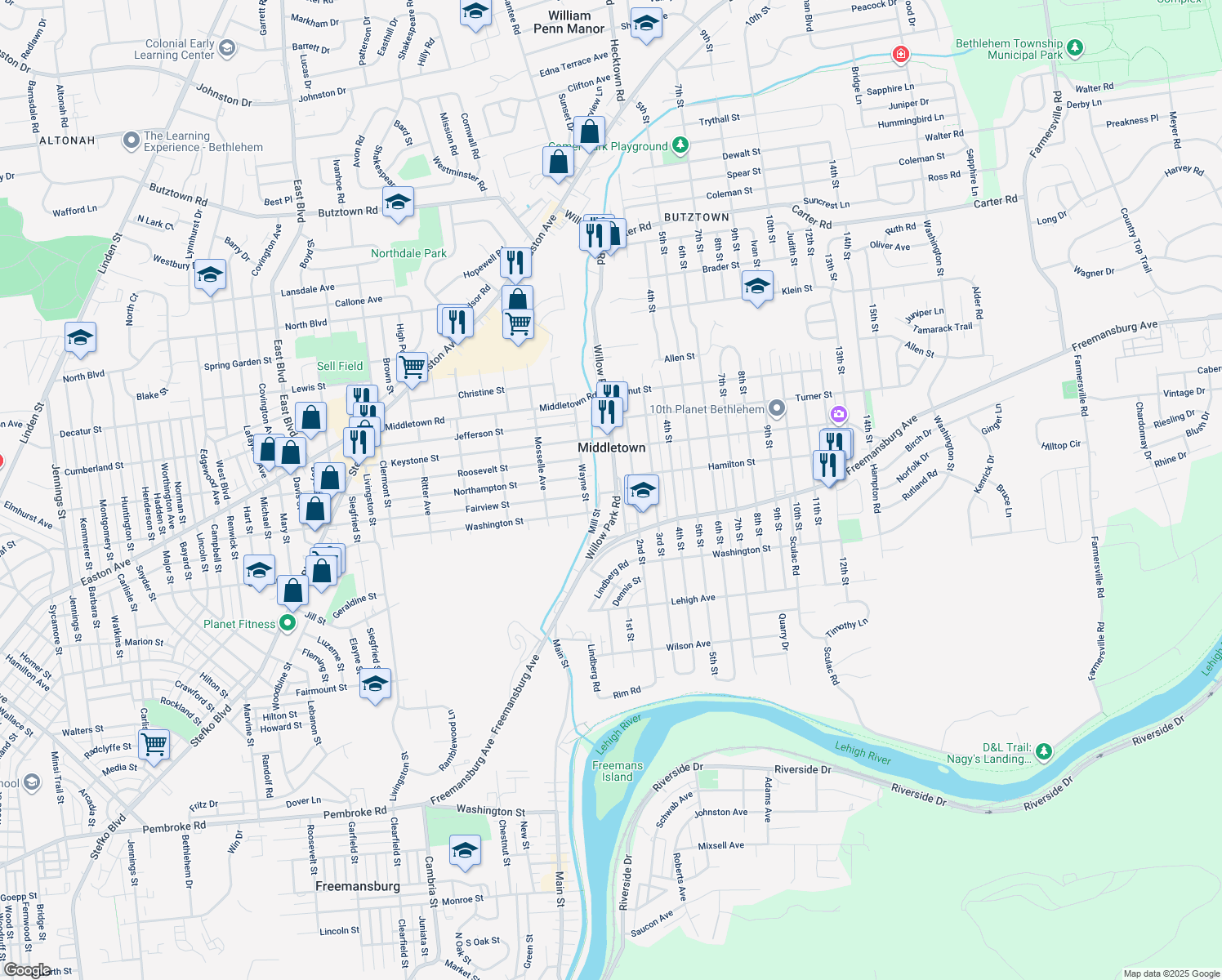 map of restaurants, bars, coffee shops, grocery stores, and more near 1901 Willow Park Road in Bethlehem
