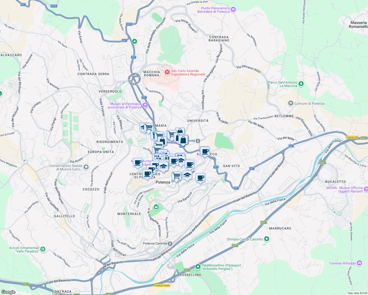 map of restaurants, bars, coffee shops, grocery stores, and more near 43 Via Cavour in Potenza