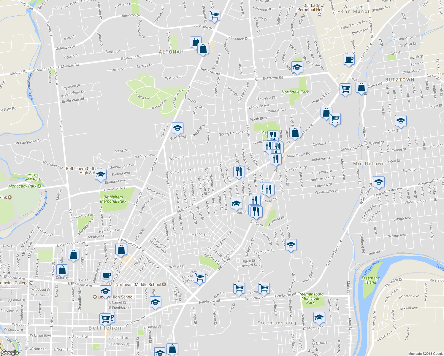 map of restaurants, bars, coffee shops, grocery stores, and more near 1123 Belmont Street in Bethlehem