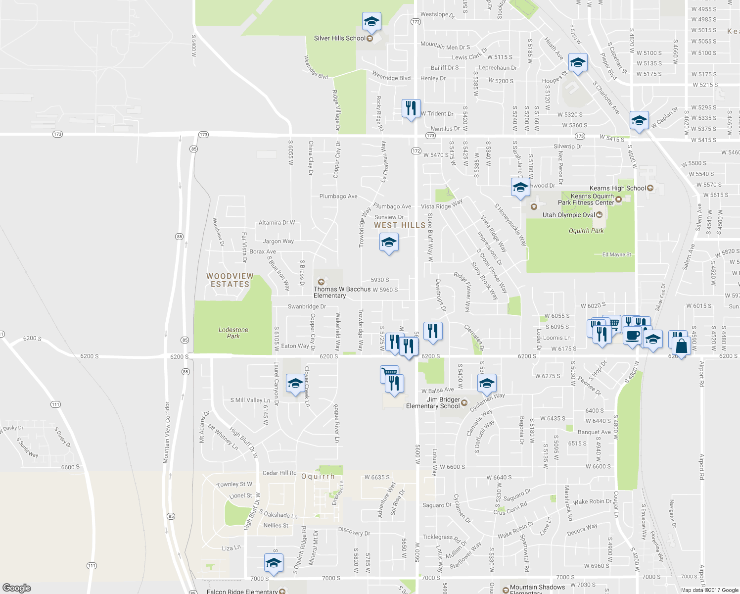 map of restaurants, bars, coffee shops, grocery stores, and more near 5768 Lodestone Avenue in Kearns