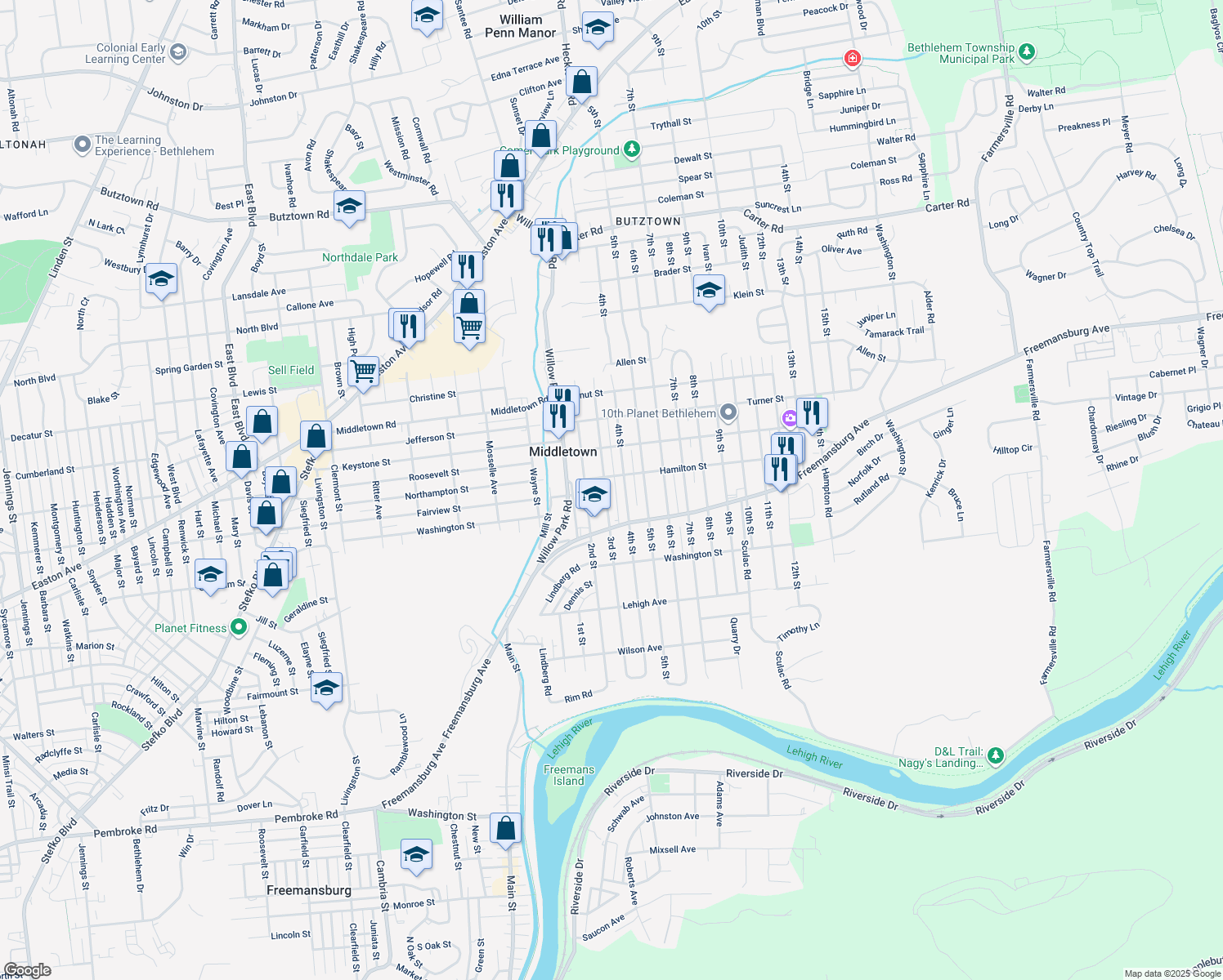 map of restaurants, bars, coffee shops, grocery stores, and more near 1852 3rd Street in Bethlehem