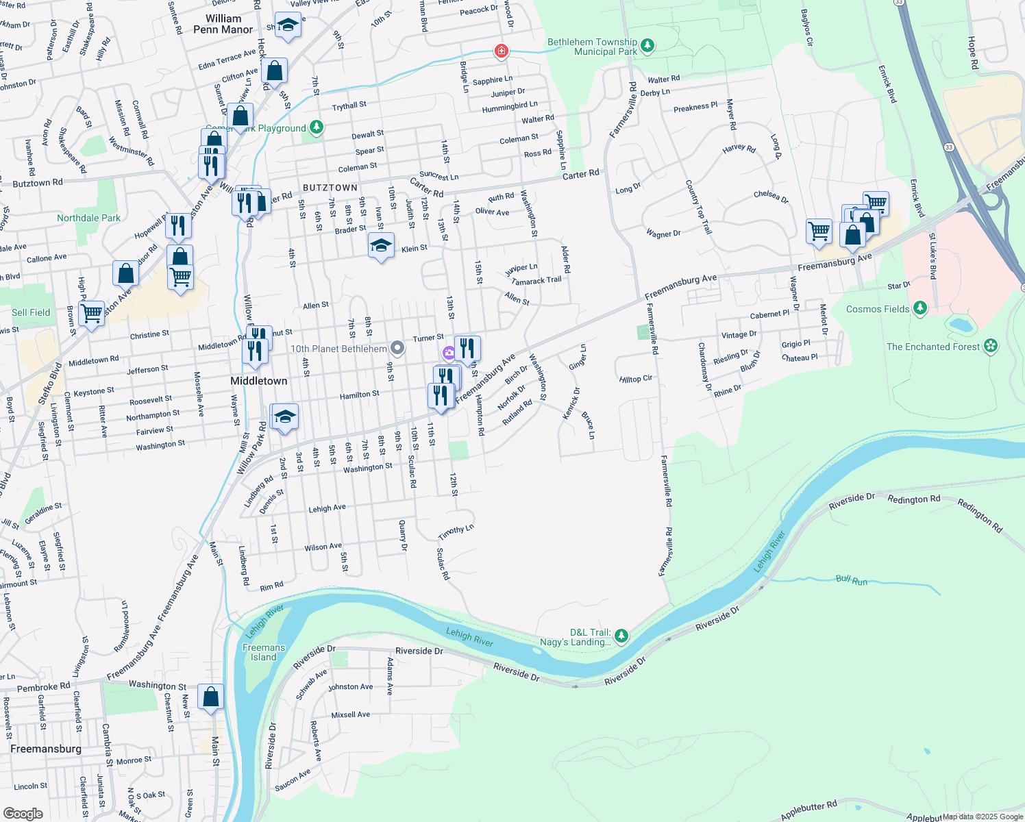 map of restaurants, bars, coffee shops, grocery stores, and more near 3943 Rutland Road in Bethlehem