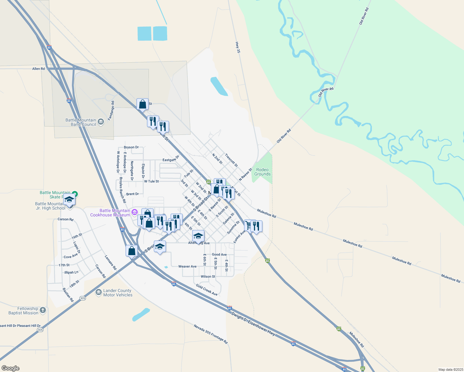 map of restaurants, bars, coffee shops, grocery stores, and more near 685 West 1st Street in Battle Mountain
