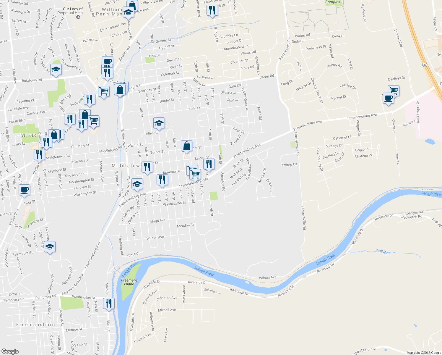 map of restaurants, bars, coffee shops, grocery stores, and more near 1843 Hampton Road in Bethlehem