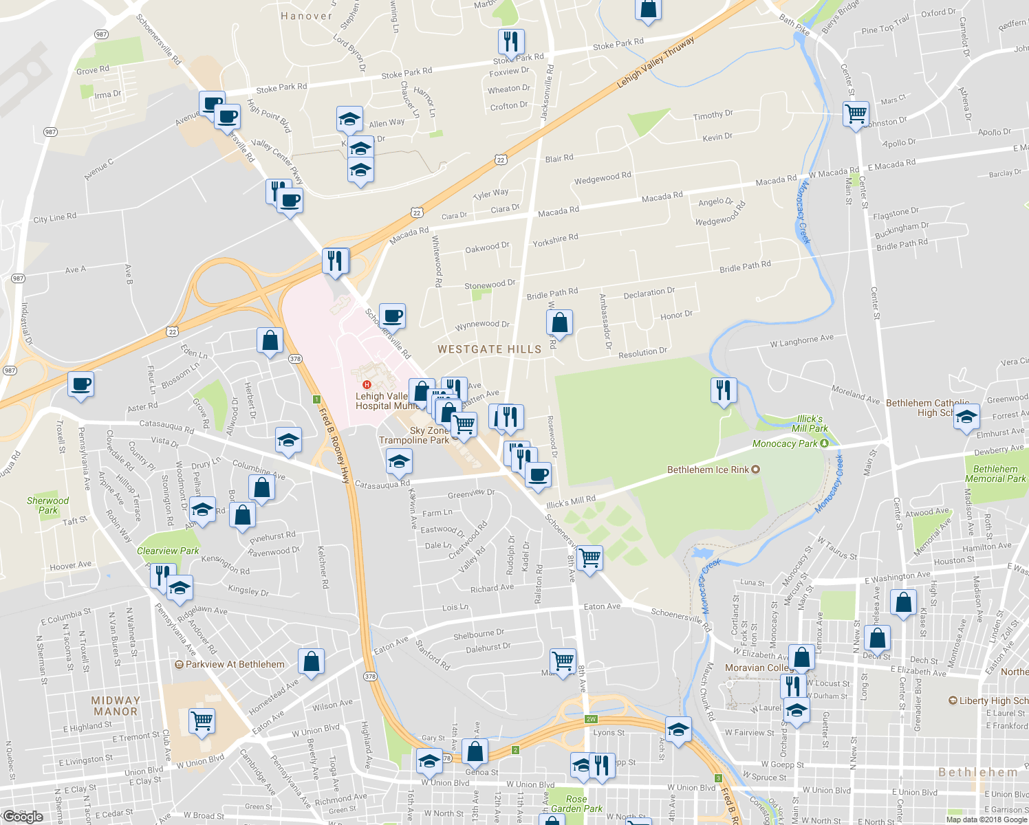map of restaurants, bars, coffee shops, grocery stores, and more near 2368 Jacksonville Road in Bethlehem